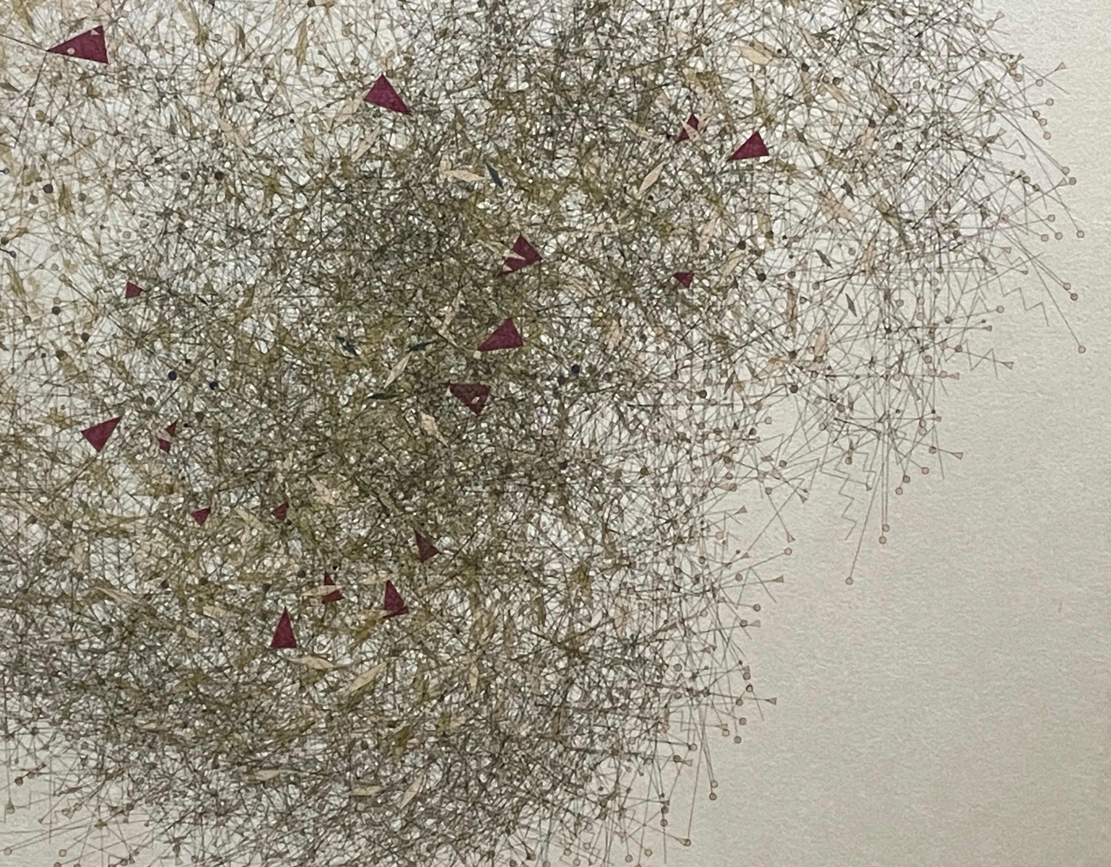 Abstract artwork featuring a chaotic arrangement of fine lines and triangular shapes in red and neutral tones against a light background.