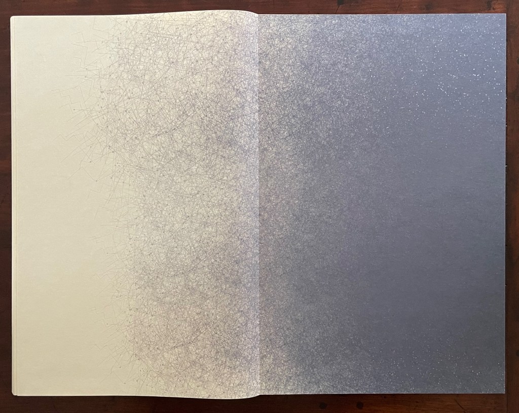 An open book with a textured gradient background, transitioning from light to dark, featuring a pattern of fine lines and speckles.