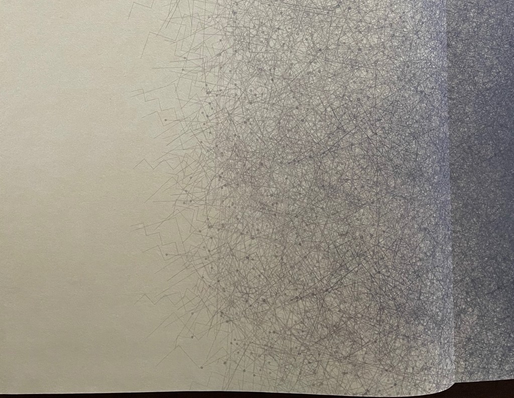 A close-up of paper with an abstract design featuring intricate, overlapping lines and shapes transitioning from light to darker tones.