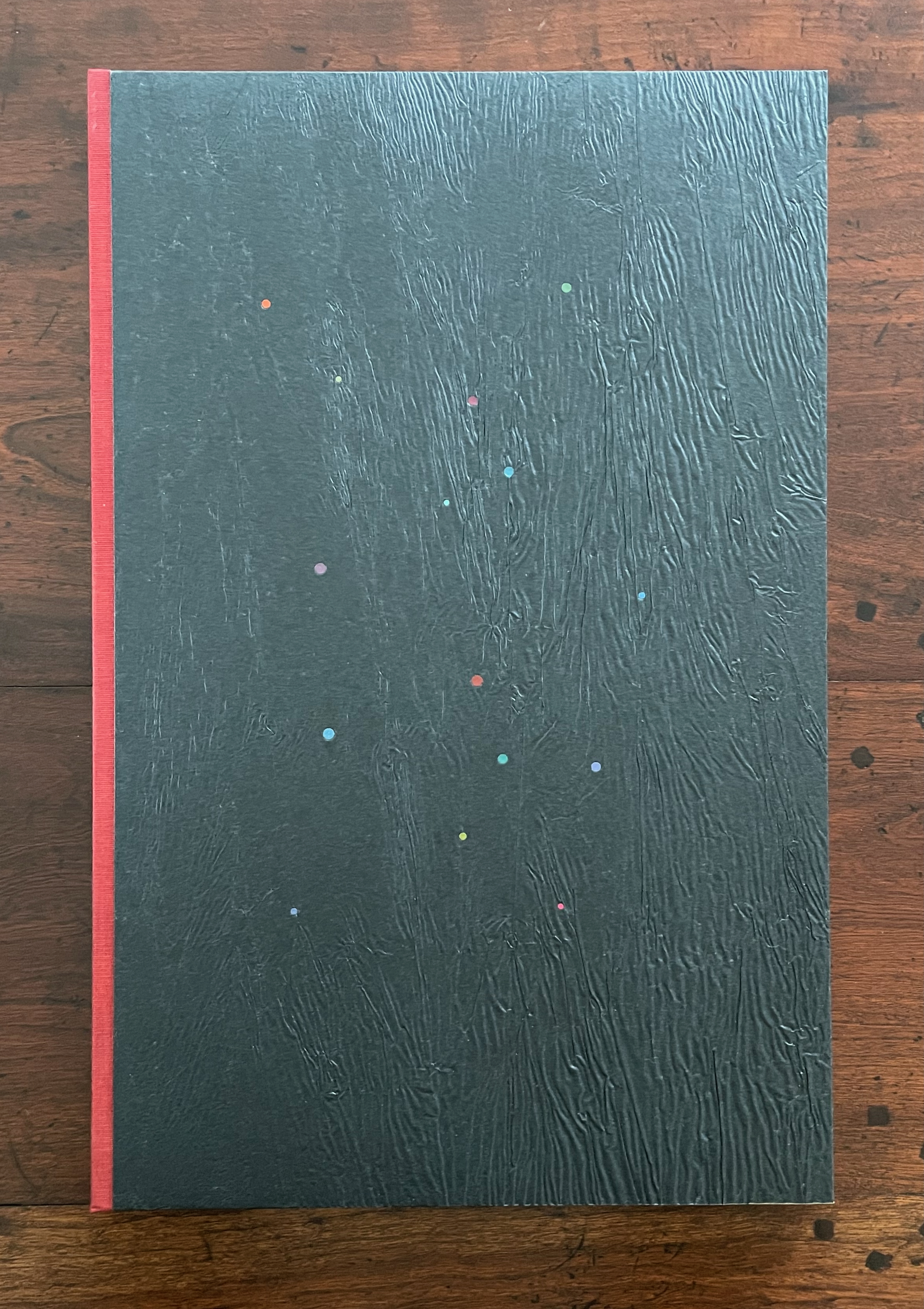 A textured dark cover of a book with a red spine and scattered colorful dots