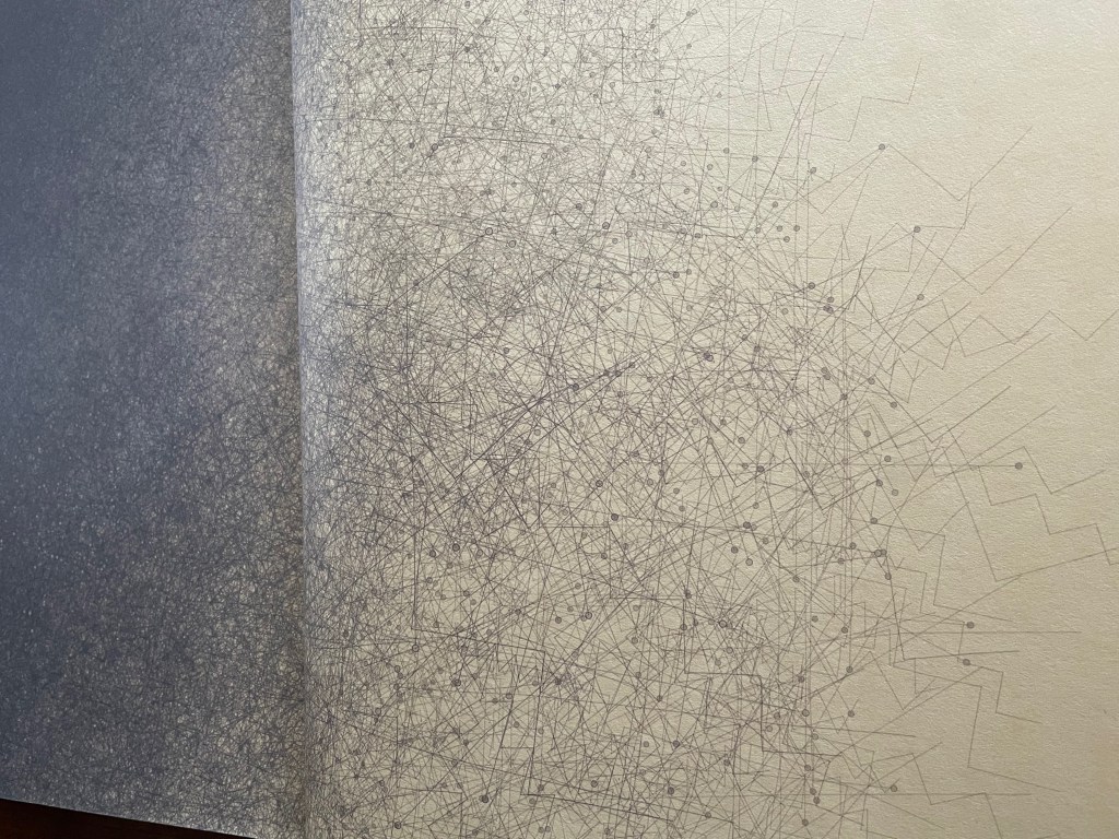 An abstract drawing featuring a chaotic network of thin lines and dots on a textured light-colored background, with a dark gray edge.