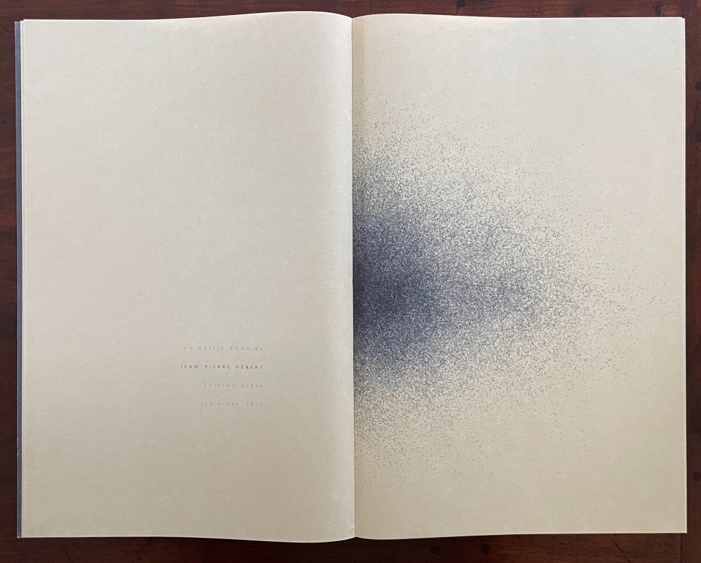 An open artist book by Jean-Pierre Hébert, featuring a graphic design with a gradient of speckled dots transitioning from dark to light, centered on a light beige background.