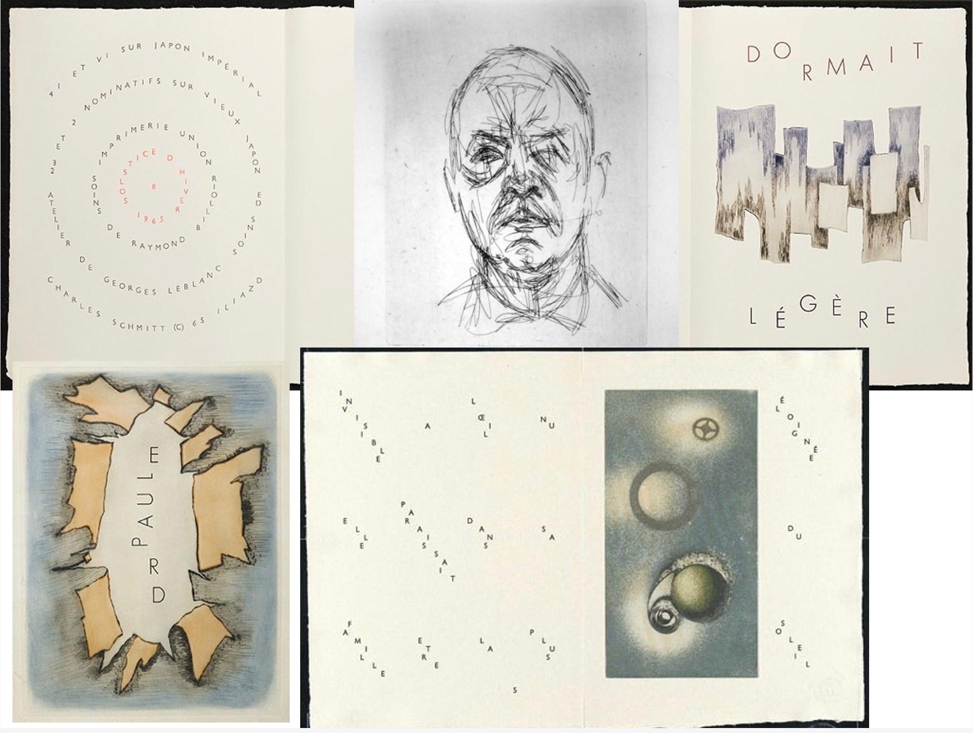 A collage of four artistic illustrations, including a spiral text design on the left, a sketched portrait in the upper center, a minimalist abstract composition on the top right, and two pages featuring earthy colors and celestial imagery at the bottom.