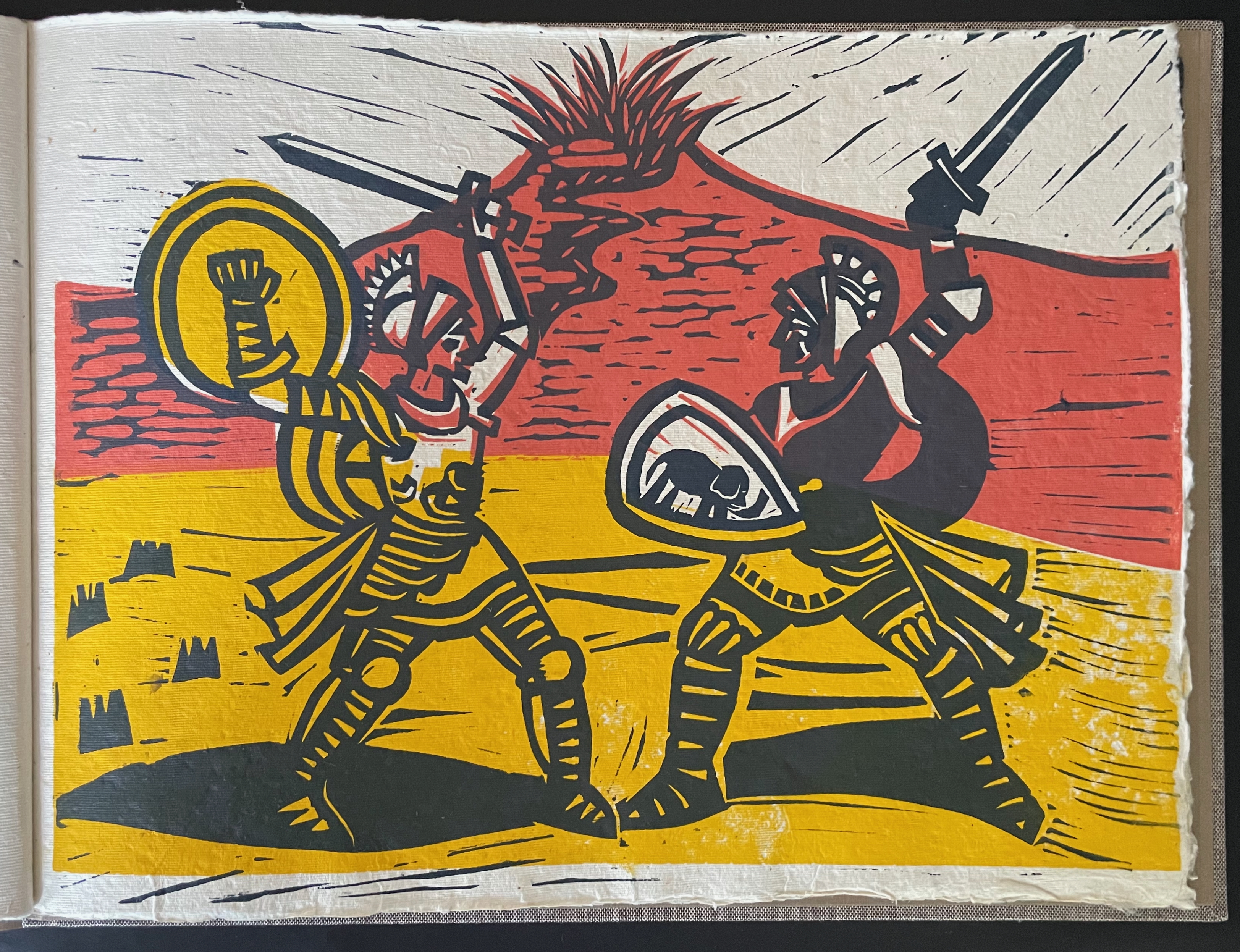 Illustration of two armored warriors engaged in combat, one wielding a sword and the other holding a shield, with a colorful abstract background featuring hills and grass.