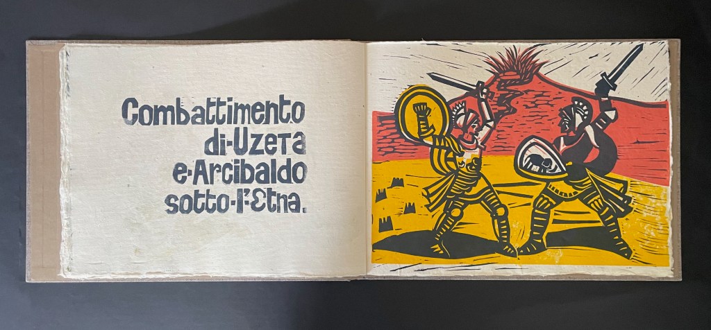 An illustration depicting two warriors engaged in battle, one wielding a sword and shield, set against a backdrop of a volcano and stylized landscape, with the title 'Combattimento di Uzeta e Arcibaldo sotto l'Etna' in bold lettering.