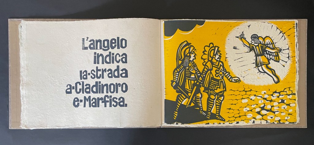 Illustration from a book depicting an angel pointing the way to two armored figures, Cladinoro and Marfisa, against a vibrant yellow background.