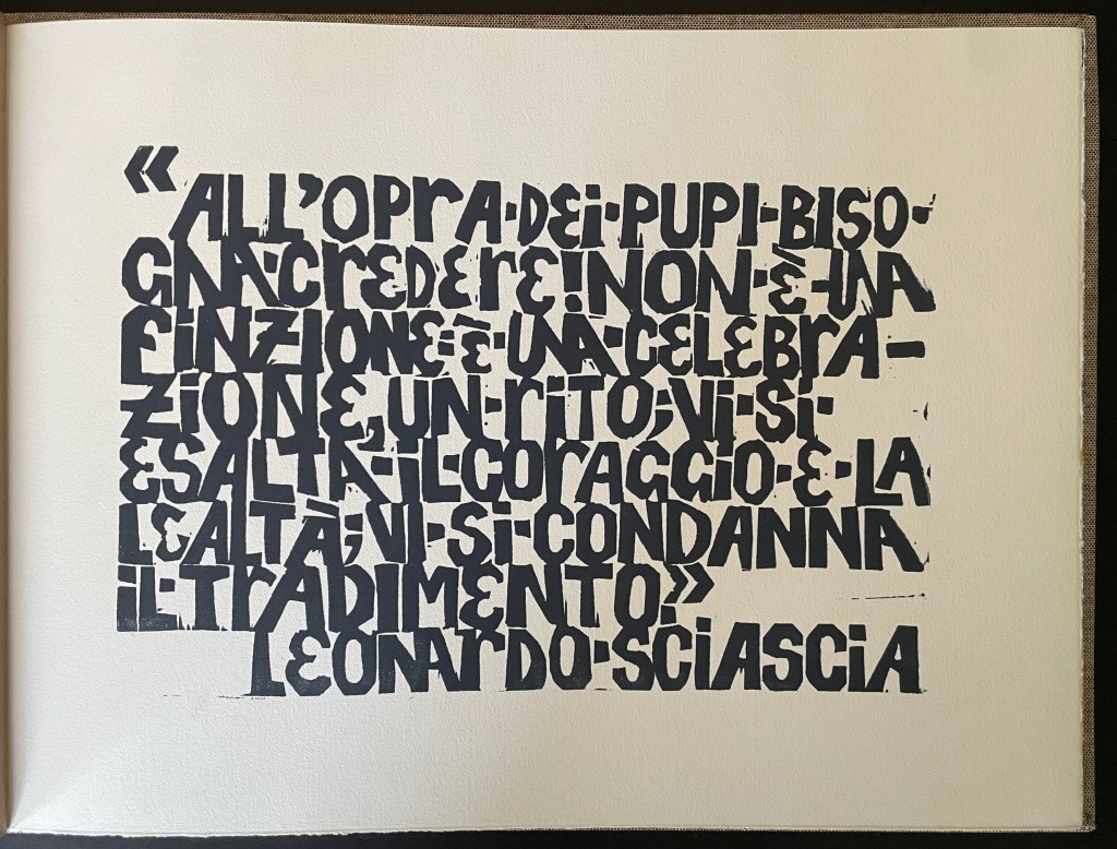 An artistic page featuring a quote in bold, stylized typography by Leonardo Sciascia, with black text on a light background.