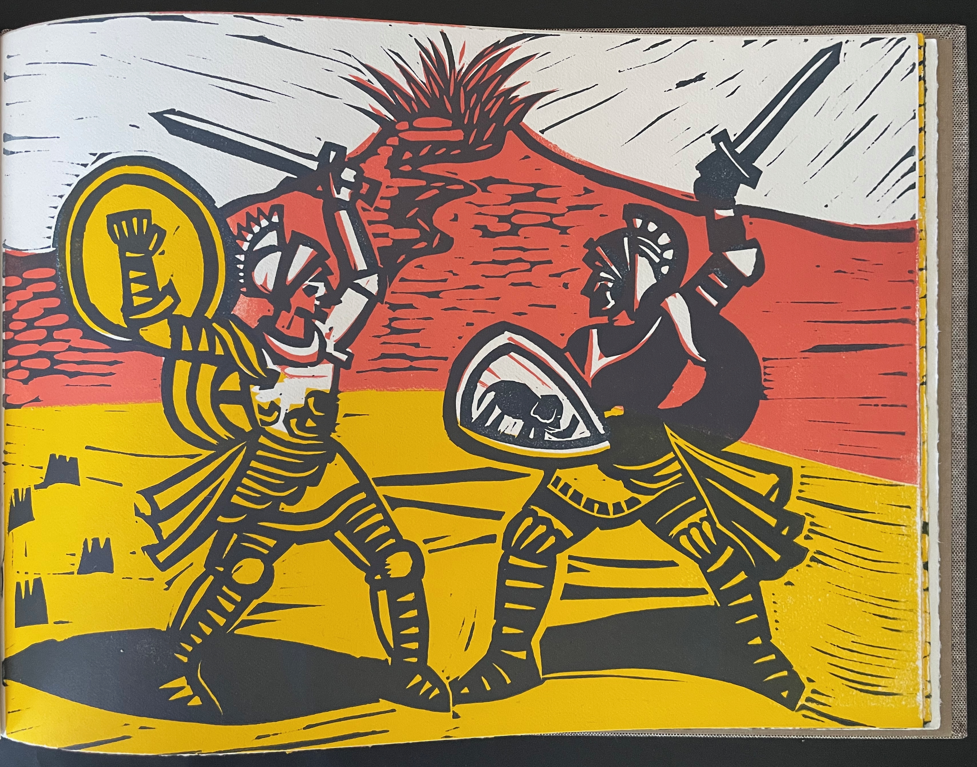 A colorful illustration of two armored knights in combat, one wielding a sword and shield, and the other holding a sword aloft. The background features a stylized landscape with a hill and bold color gradients.