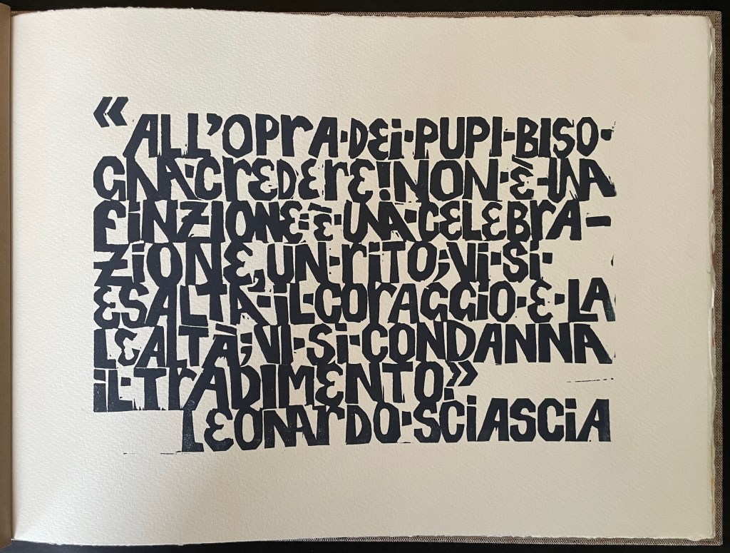 A page featuring an artistic display of black text on a light background, containing a quote attributed to Leonardo Sciascia.