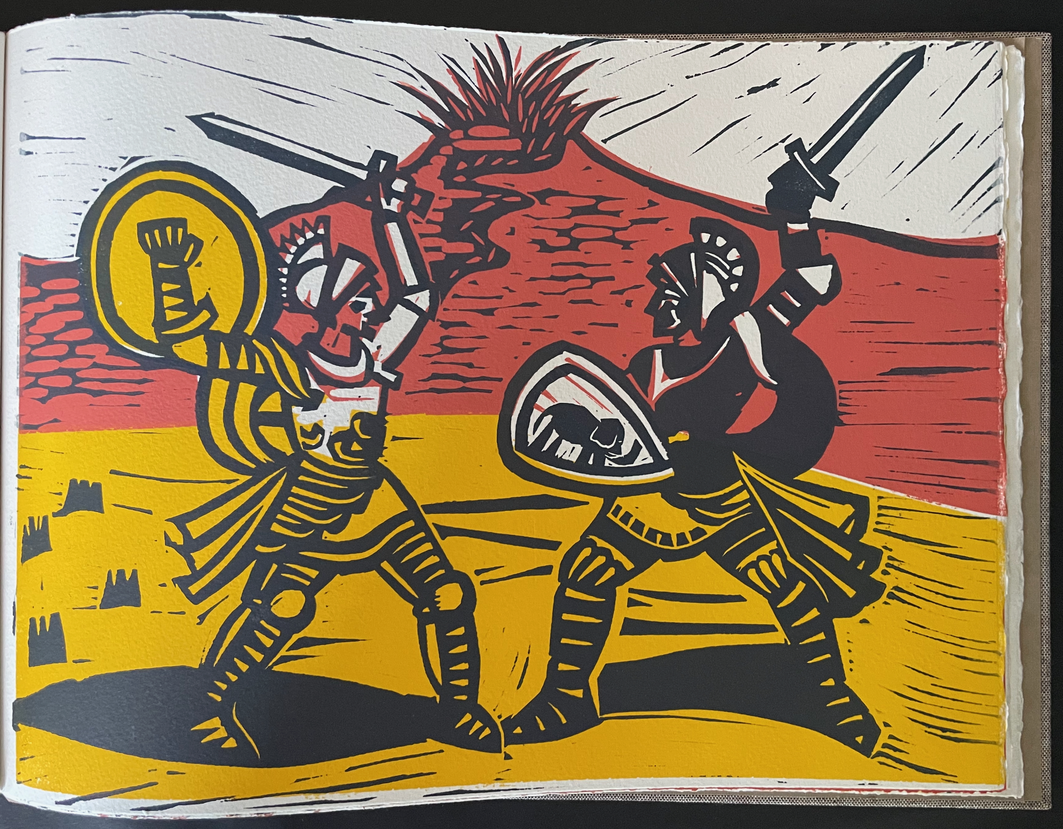 Two armored warriors engaged in battle, wielding swords and shields against a vibrant background of yellow and red landscapes.