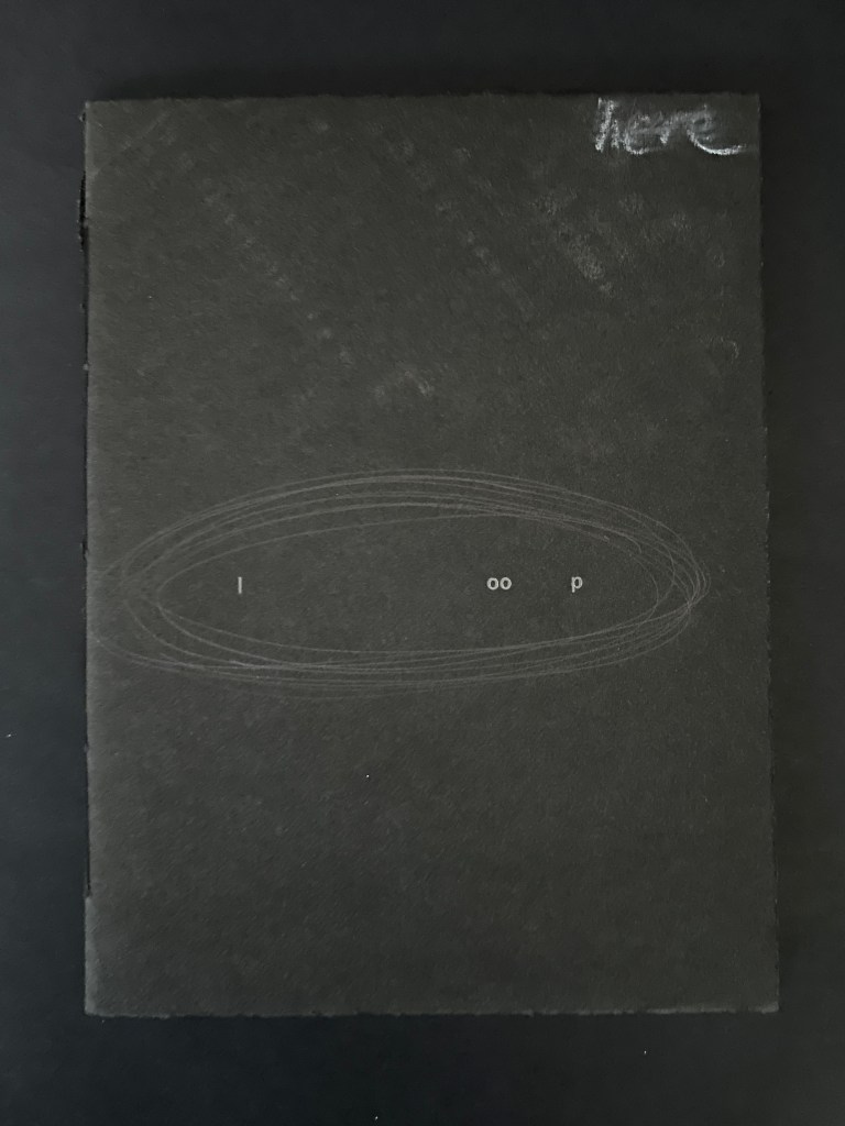 A black booklet with a minimal design, featuring the word 'loop' in a simple font, and the word 'here' written in white at the top right corner.