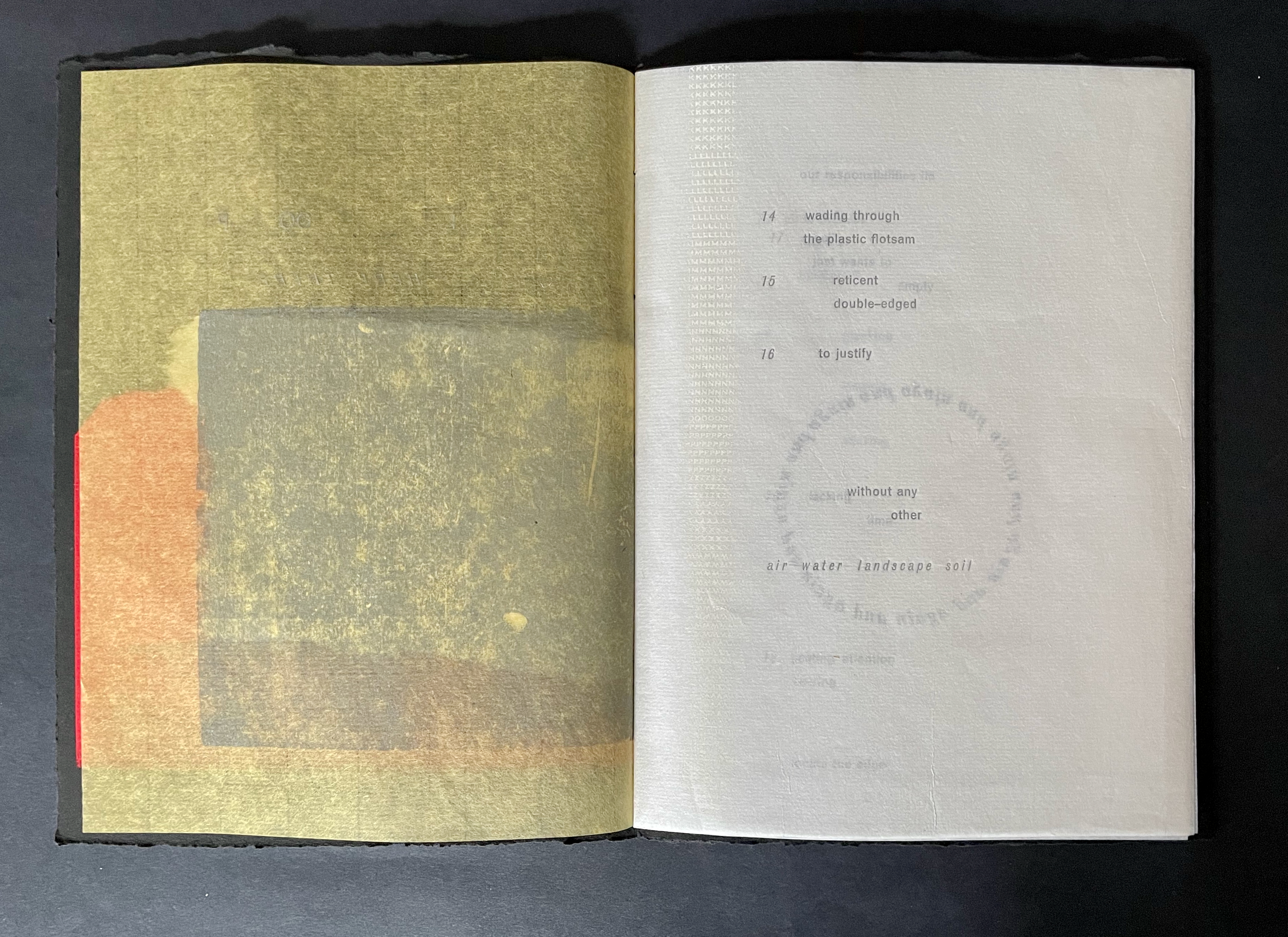 An open book displaying two pages; the left page features layered textures in earthy colors, while the right page contains printed text arranged in a structured layout with minimalist design elements.