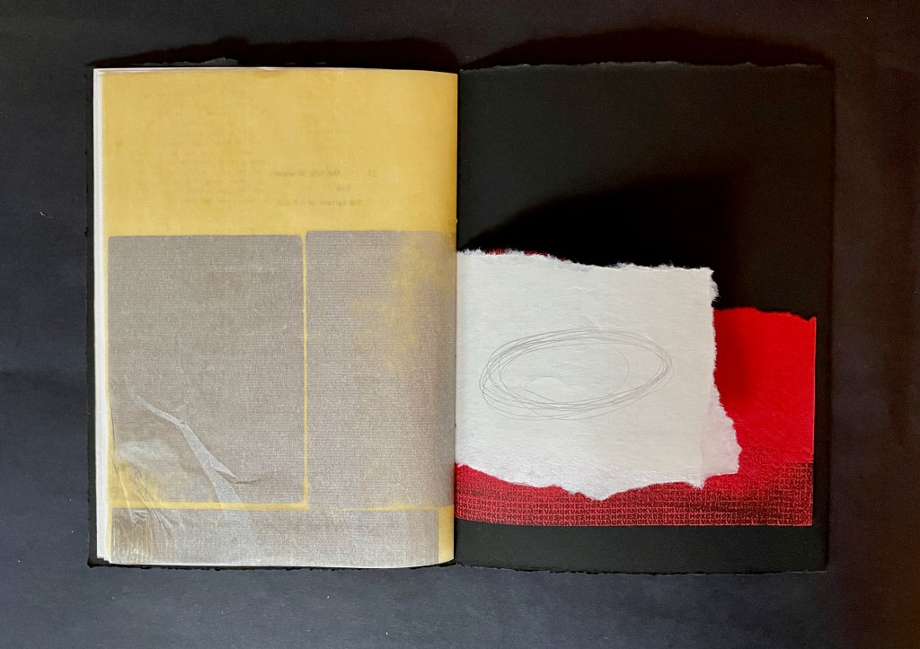 An open book featuring pages with abstract textures and colors, including yellow, gray, red, and white elements against a black background.