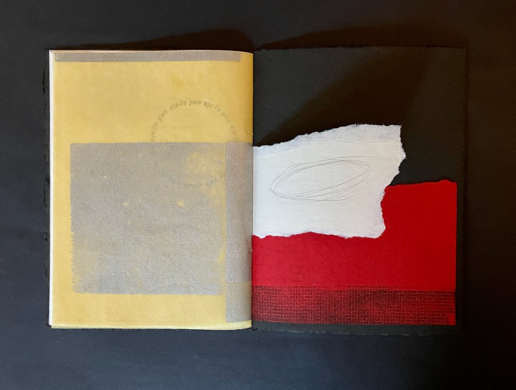 Open book spread featuring a yellow left page with a grey rectangle, and a right page with a black background, red and white shapes, and faint sketches.