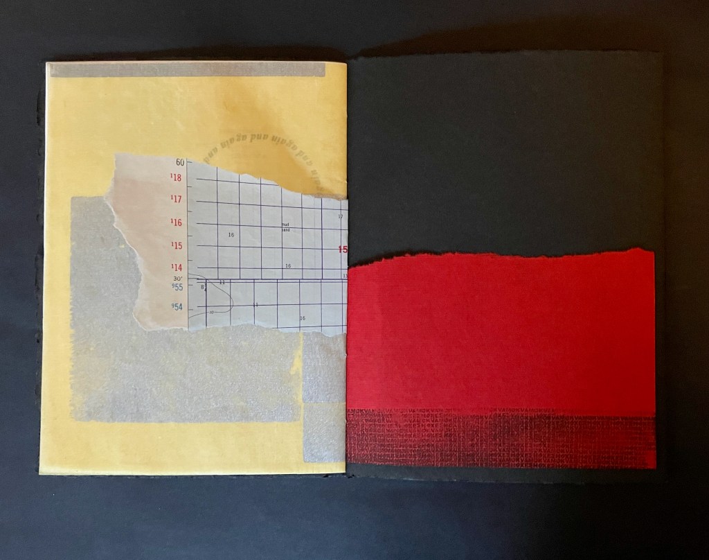 An open book with mixed media pages featuring a grid pattern, yellow, red, and black textured sections.