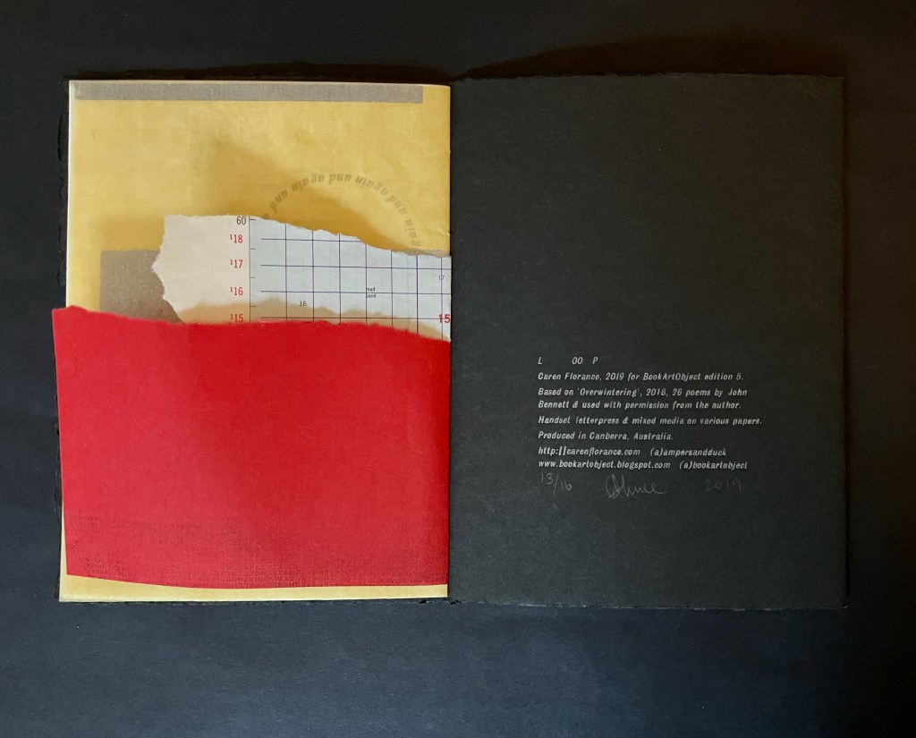 An open artist's book featuring mixed media elements, including papers of various colors and textures, with visible text and handwritten notes on a dark background.