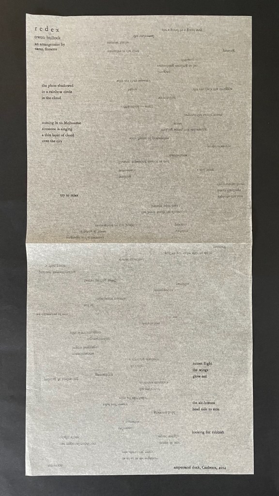 A gray printed page featuring abstract text layout, with phrases scattered across the surface, creating a poetic and artistic feel. The text includes reflections on flight, clouds, and landscapes, suggesting themes of travel and observation.