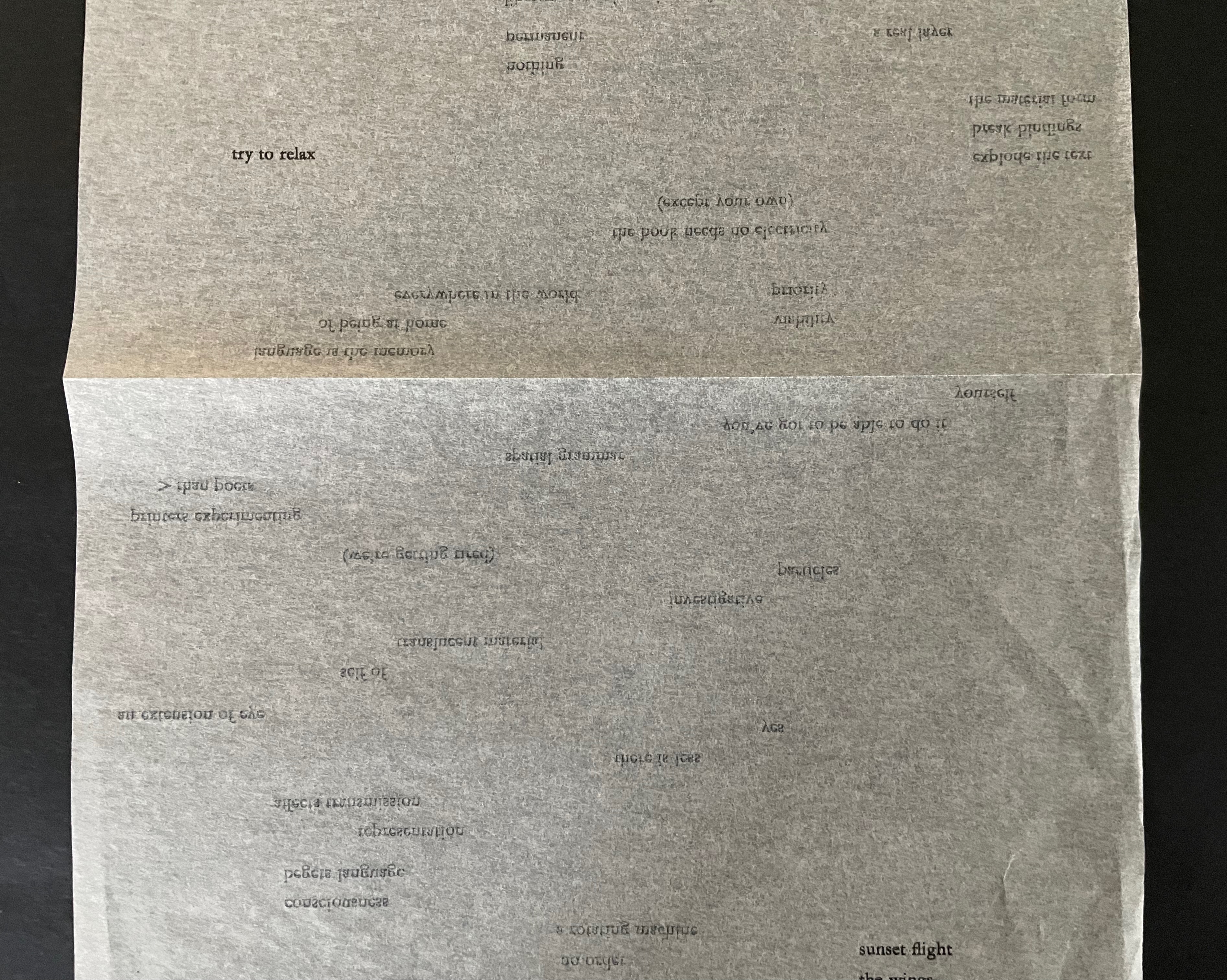 A piece of textured paper with printed text, including phrases like 'try to relax' and 'sunset flight', arranged in a visually abstract manner.