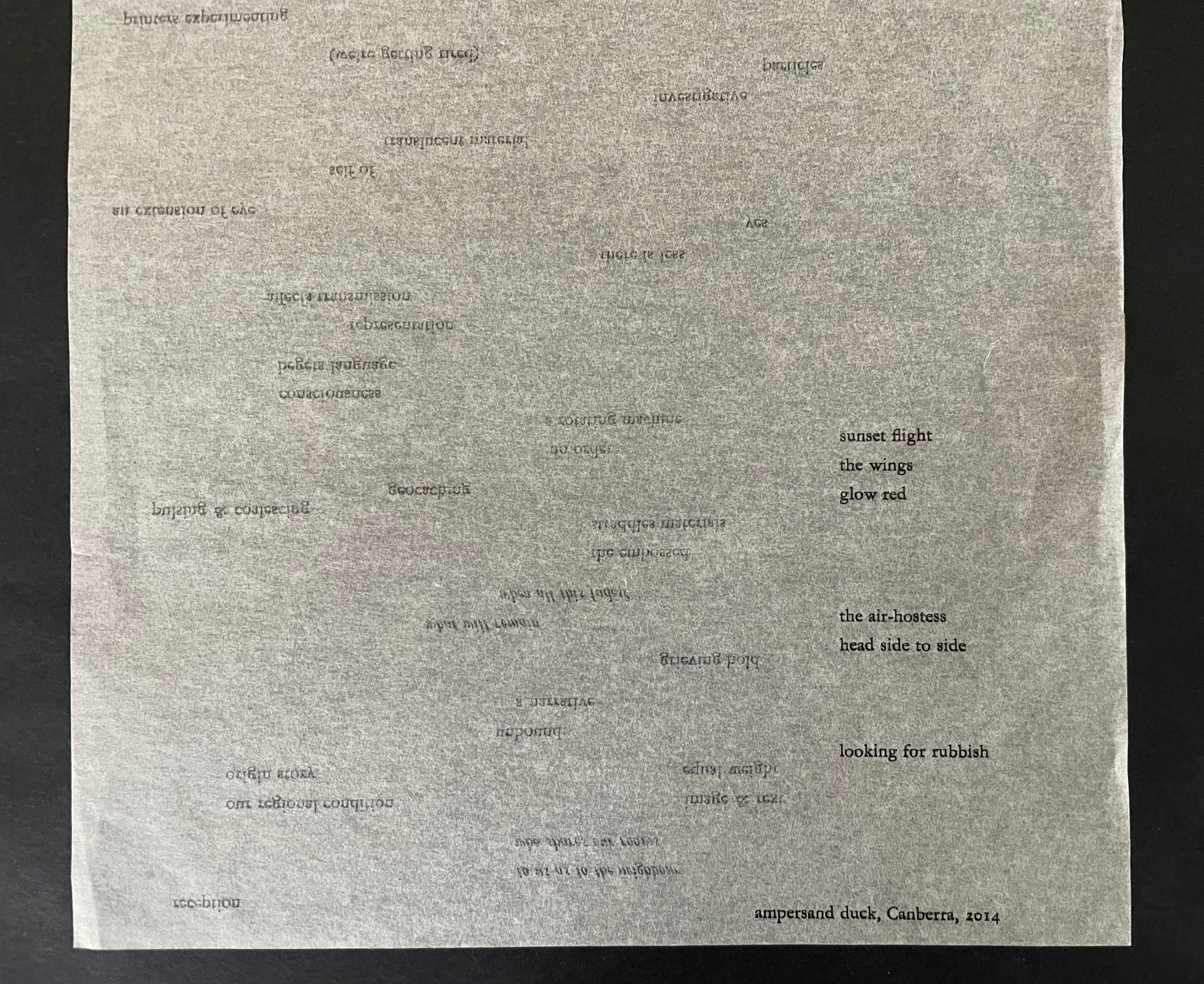 A textured gray sheet of paper with printed text in various orientations, featuring phrases like 'sunset flight,' 'the wings glow red,' and 'looking for rubbish.'