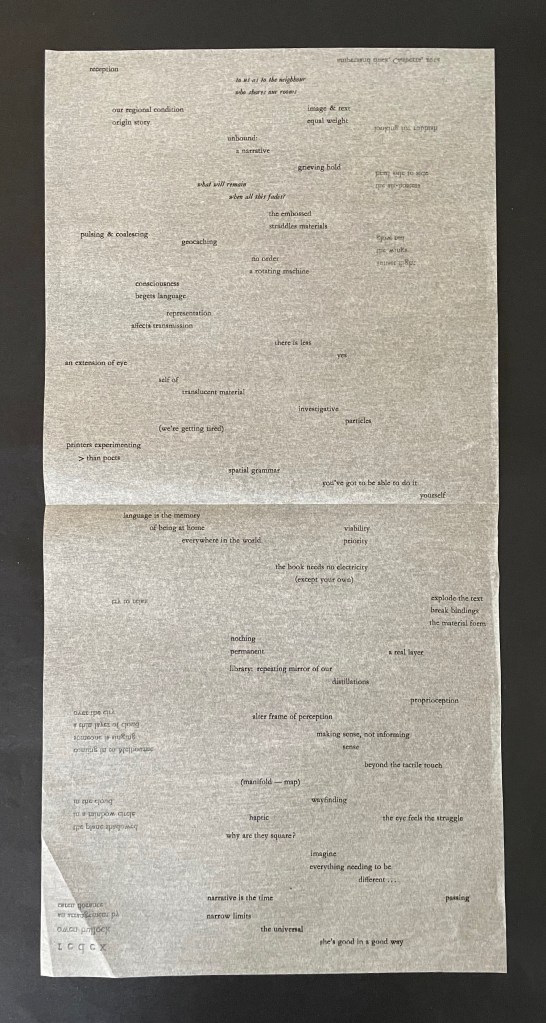 A textured sheet of paper with scattered phrases and words related to concepts of perception, narrative, and communication, presented in a visually artistic layout.