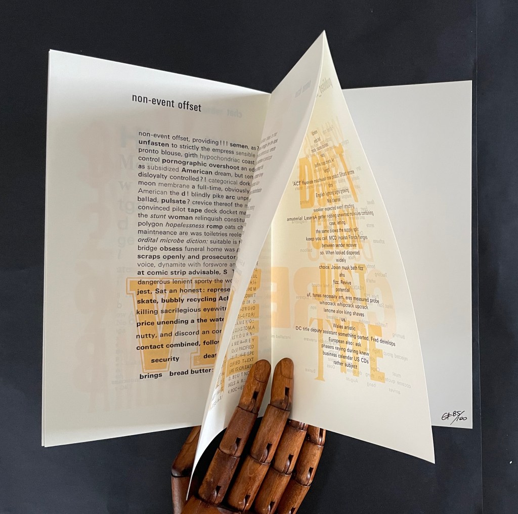 An open book featuring abstract text in various sizes and styles, with a wooden hand holding the pages. The text appears to discuss concepts related to art and events, including terms like 'non-event offset' and 'security'.