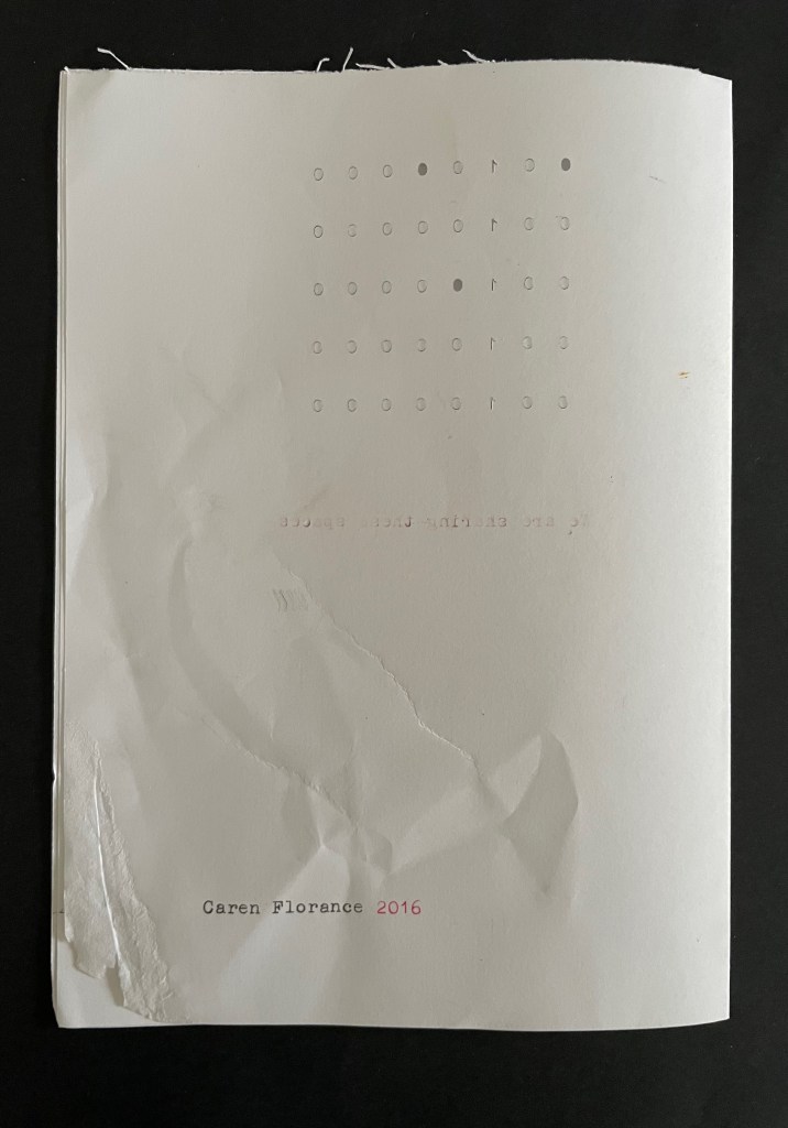 A crumpled white page featuring a grid of circles printed in gray and a title at the bottom in red text, labeled 'Caren Florance 2016'.