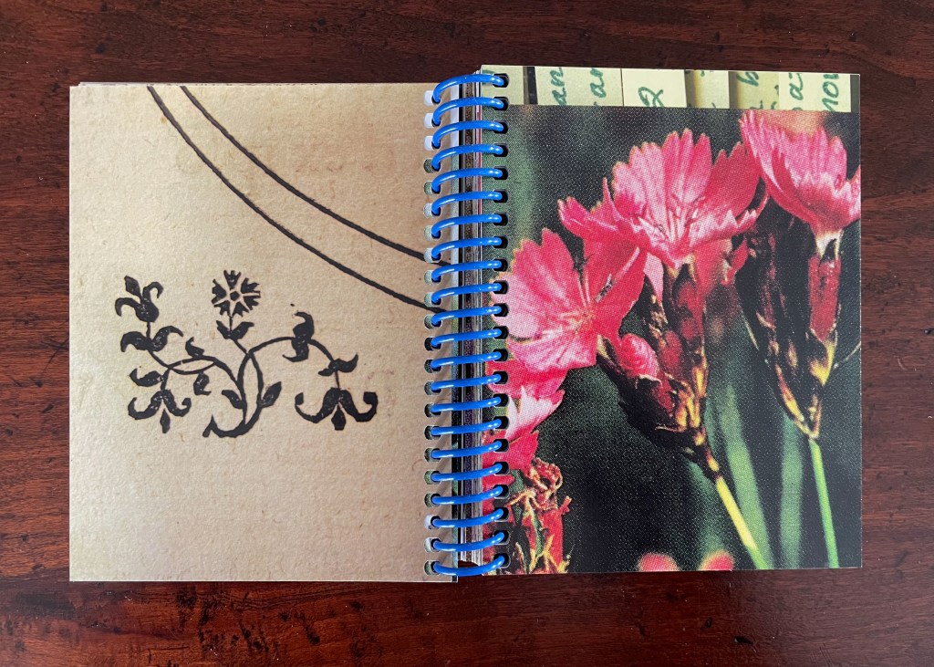 Open notebook featuring a decorative floral design on the left page and vibrant pink flowers printed on the right page, bound with blue spiral rings.