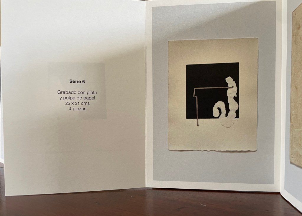 An open book displaying an art piece titled 'Serie 6' with a description of the artwork, including its dimensions and materials, featuring a black square and white abstract elements.