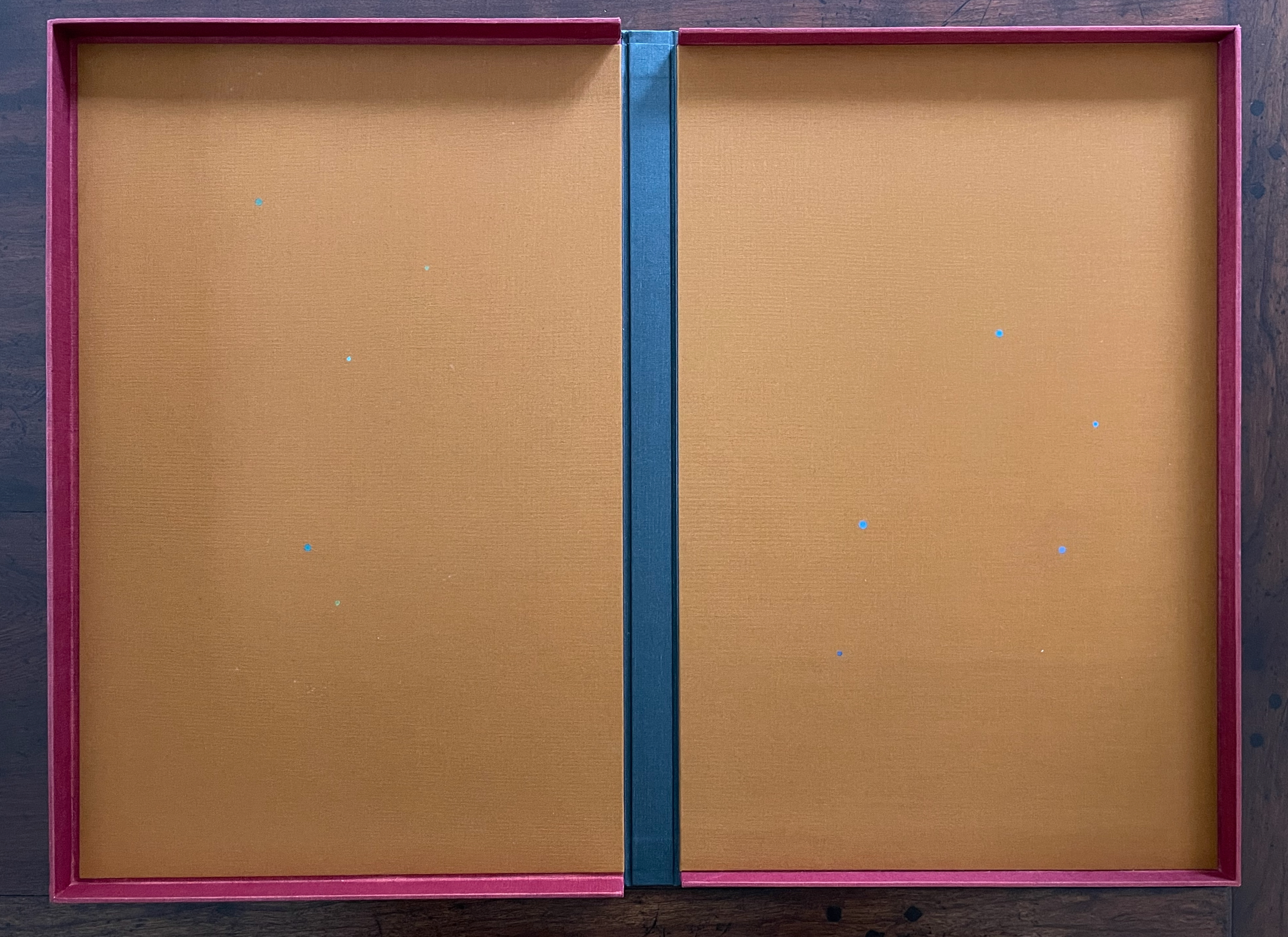 An open book with a yellow-orange interior and a pink border, displaying small blue dots on the pages.