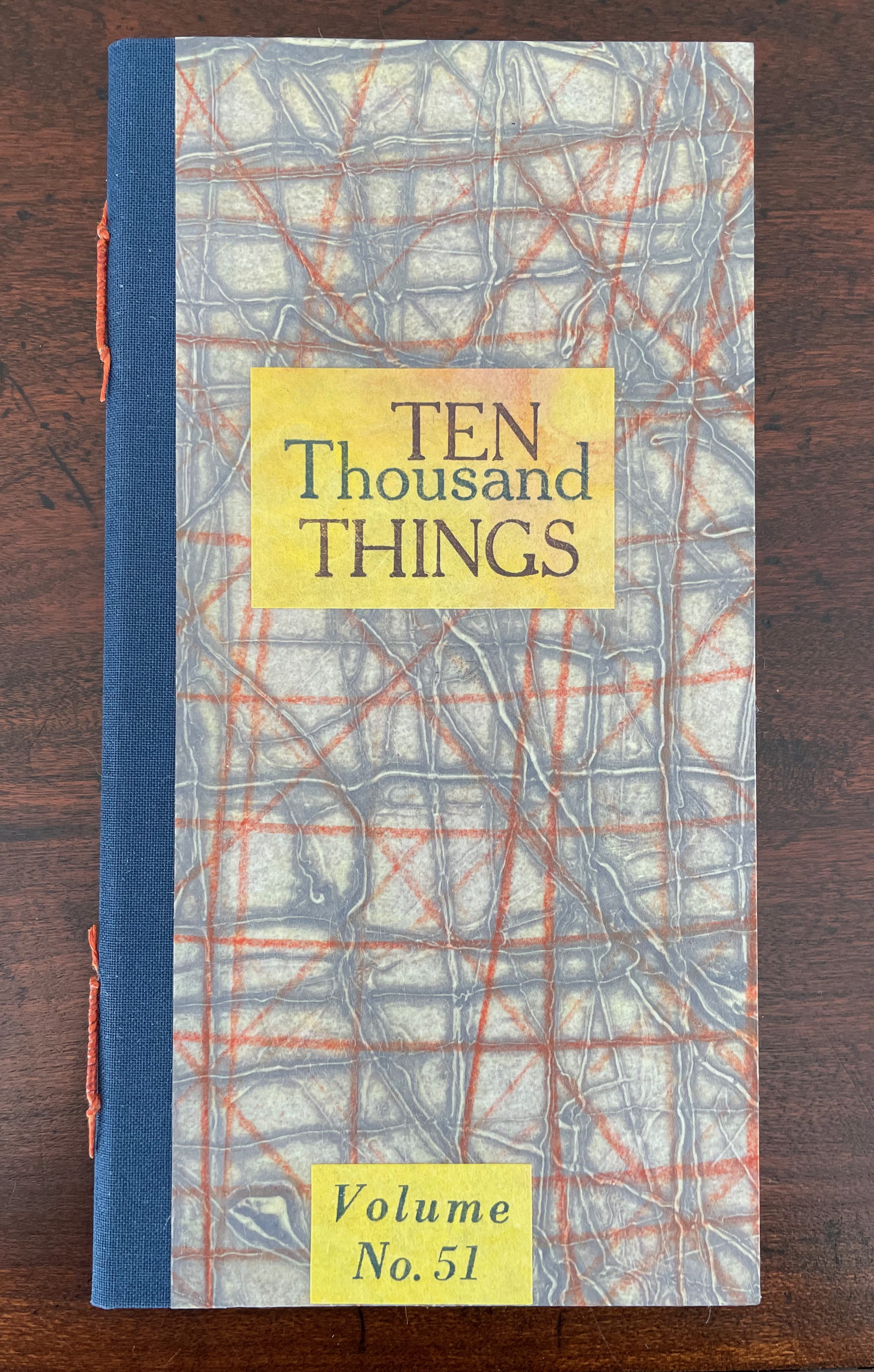 Cover of a book titled 'TEN Thousand THINGS,' Volume No. 51, featuring a textured background with orange and gray patterns.