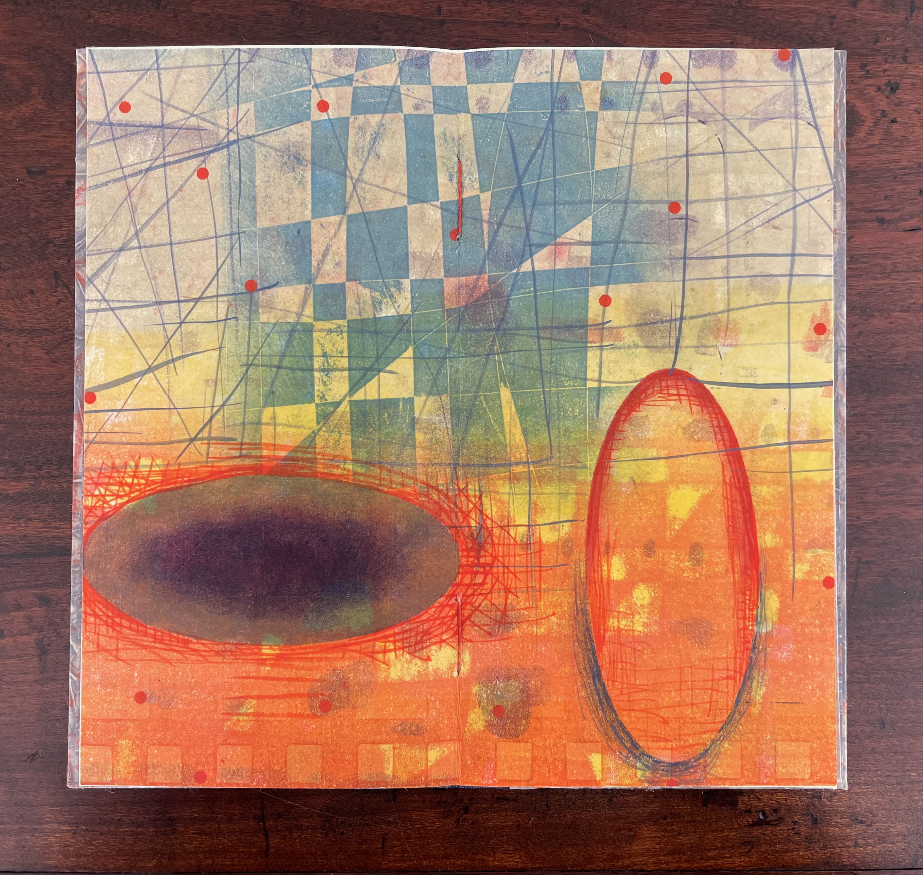 Abstract artwork featuring geometric shapes, including oval and elliptical forms, with a blend of colors such as orange, yellow, blue, and purple, along with various lines and dots.