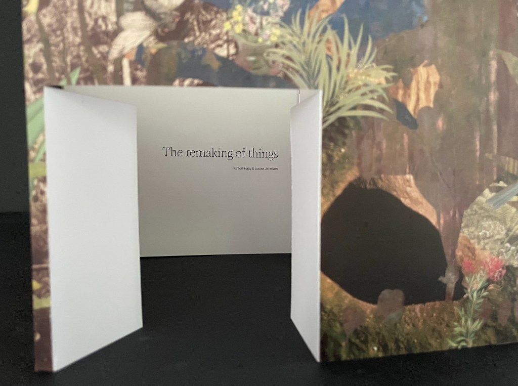 An open book with colorful illustrated covers, showcasing the title 'The remaking of things' visible in the center of the page.