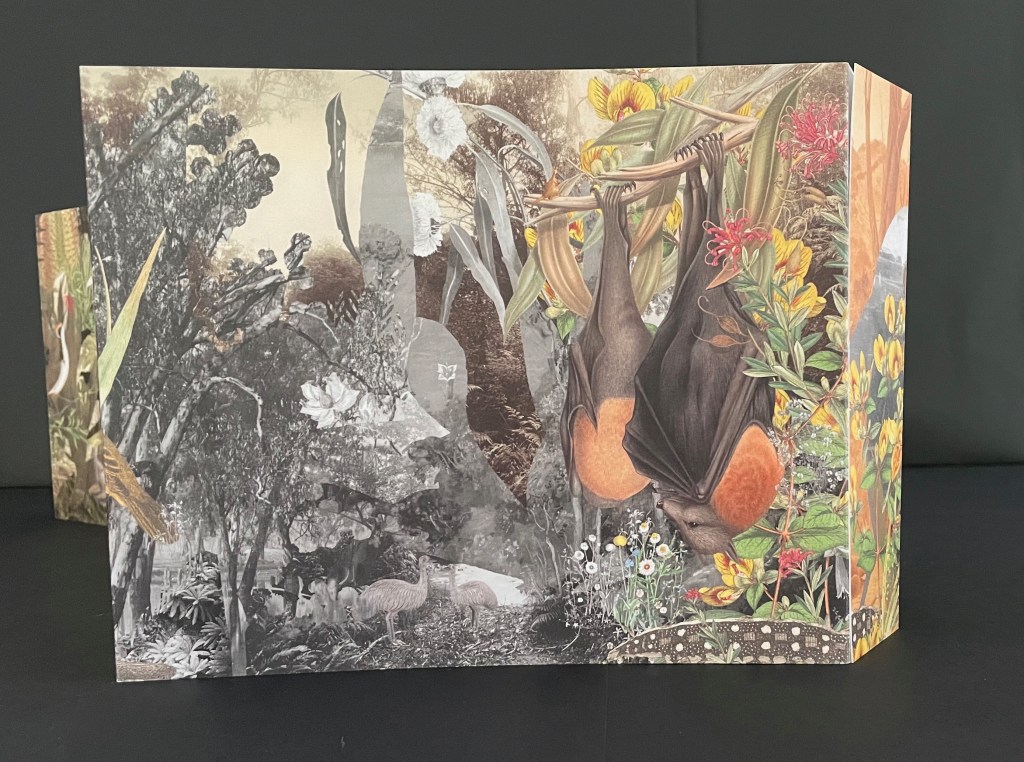 An artistic collage featuring a variety of plants and animals, including hanging bats, interspersed with black-and-white images of a natural landscape.