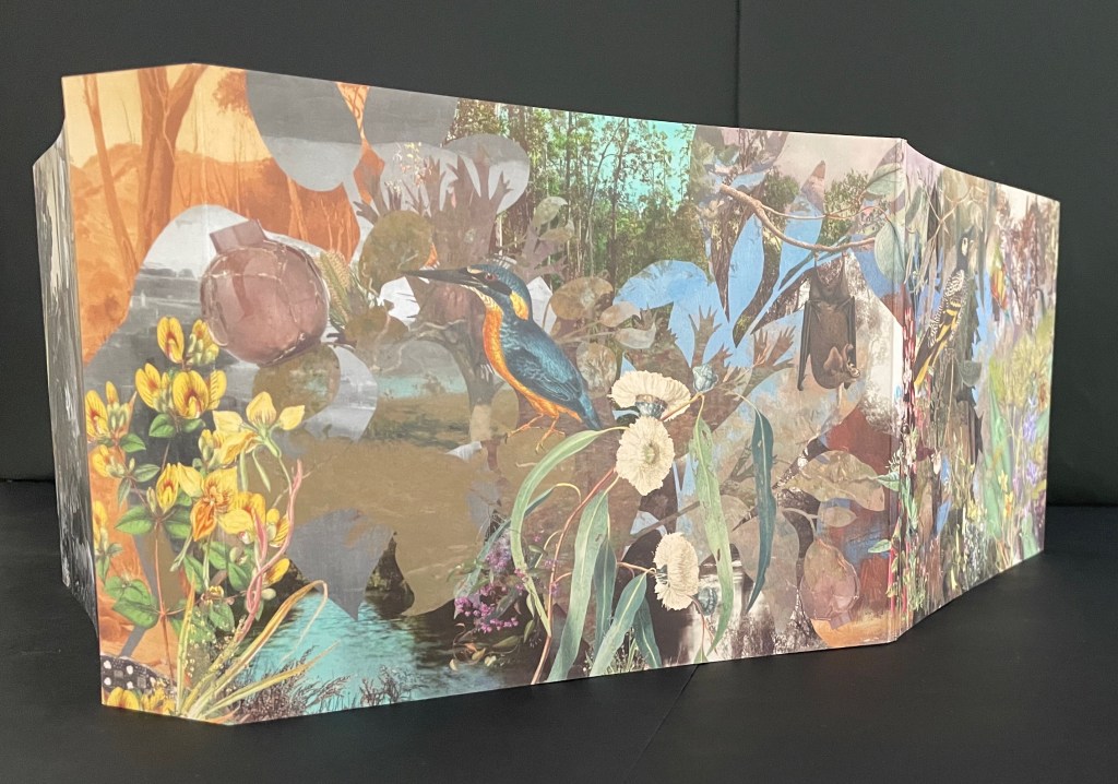 A vibrant, multi-layered collage featuring a variety of plants and animals, including a kingfisher, set against a backdrop of natural landscapes with earthy tones and water elements.
