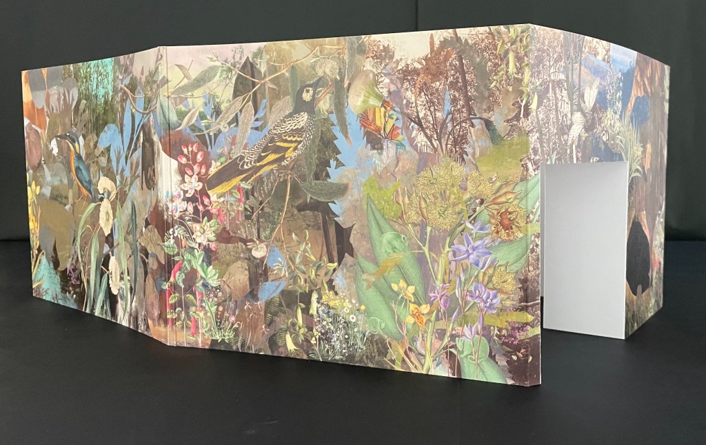 An open artist's book featuring a collage of colorful flowers, birds, and greenery, displaying intricate illustrations across its folded pages.