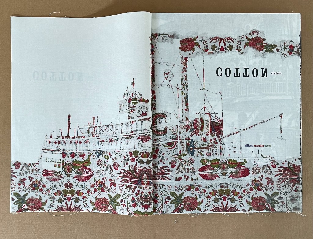 An artistic representation of a steamboat printed on fabric, featuring floral patterns at the bottom. The text 'COLLON curtain' and the author's name 'clifton meador 2013' are visible.