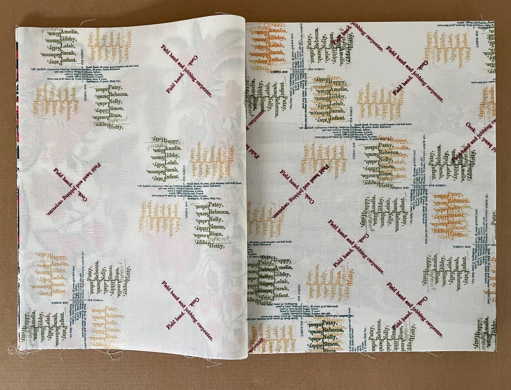 A piece of fabric displaying a pattern of names and text in various colors, arranged in a grid-like layout.