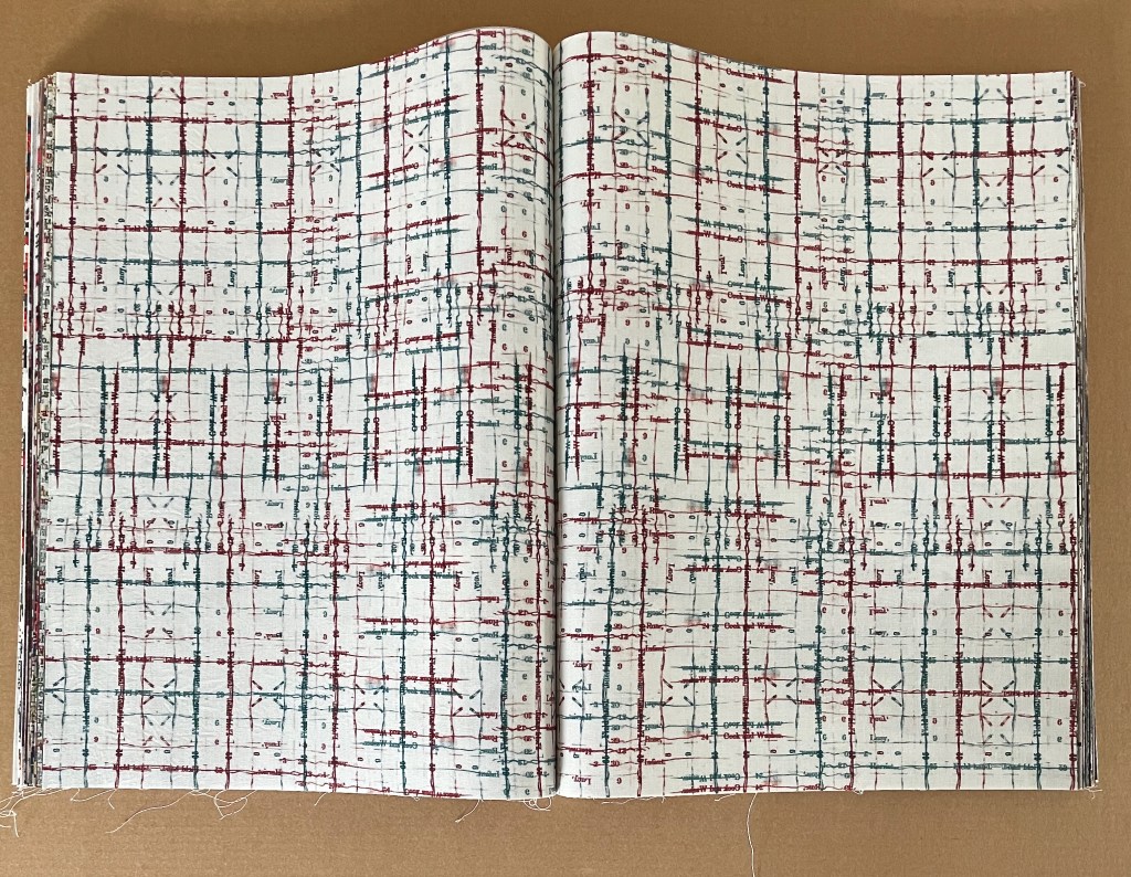 Open book displaying a patterned page with a grid design in red and blue lines on a white background.