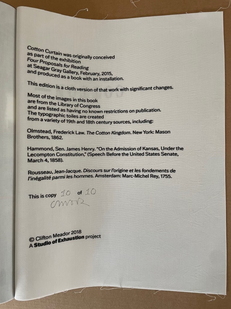 Page from the book 'Cotton Curtain,' detailing its original exhibition and purpose, with a note indicating it's copy 10 of 10.