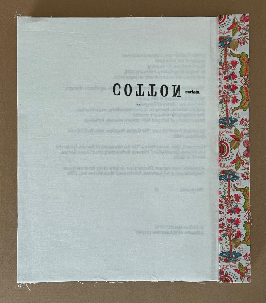 A decorative fabric sample featuring a floral patterned edge and the word 'COLLON curtain' printed in bold black letters on a white background.
