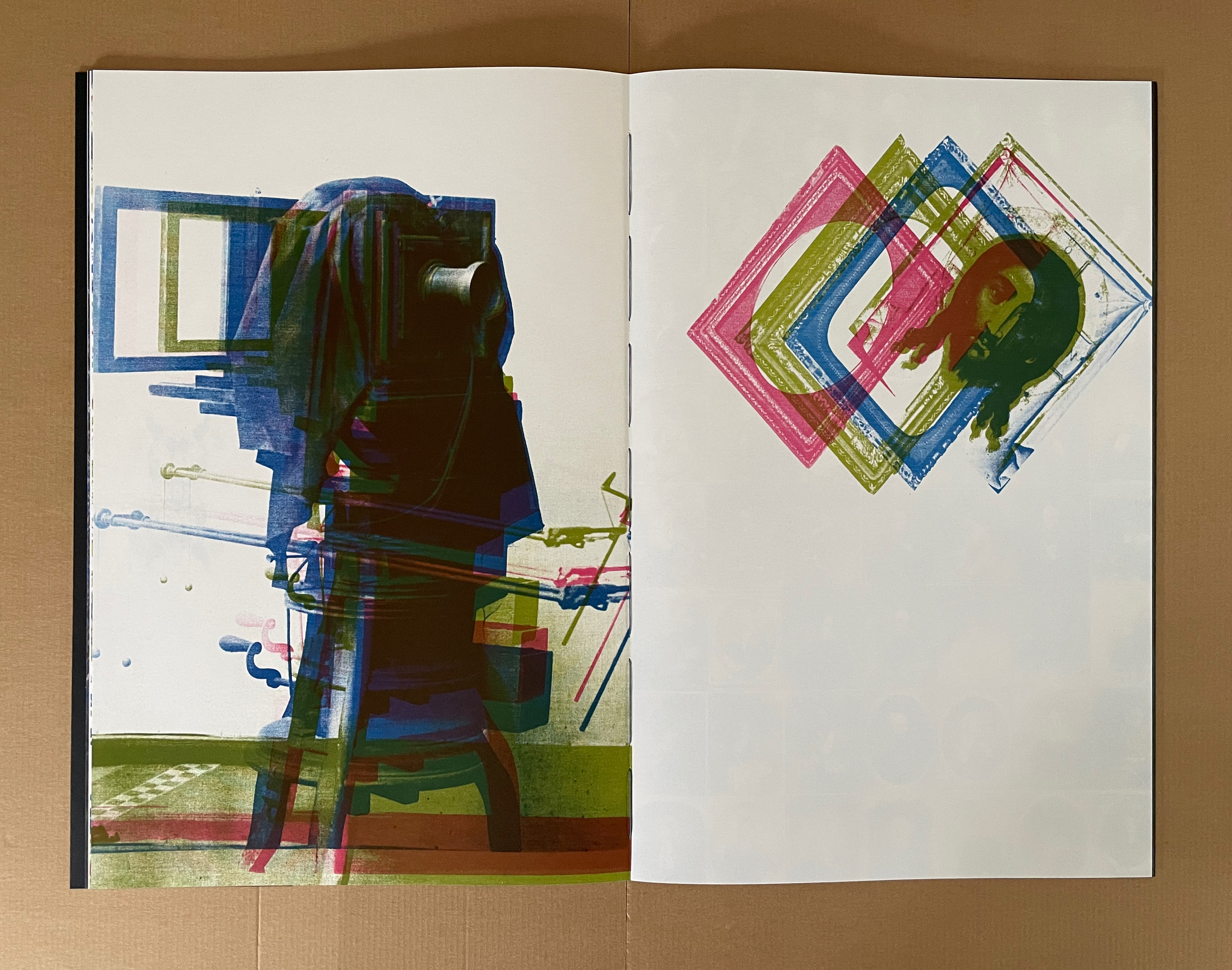 An abstract illustration featuring layered shapes and colors on the left side, depicting a figure with a dark garment near a camera equipment. The right side displays colorful, overlapping geometric shapes.