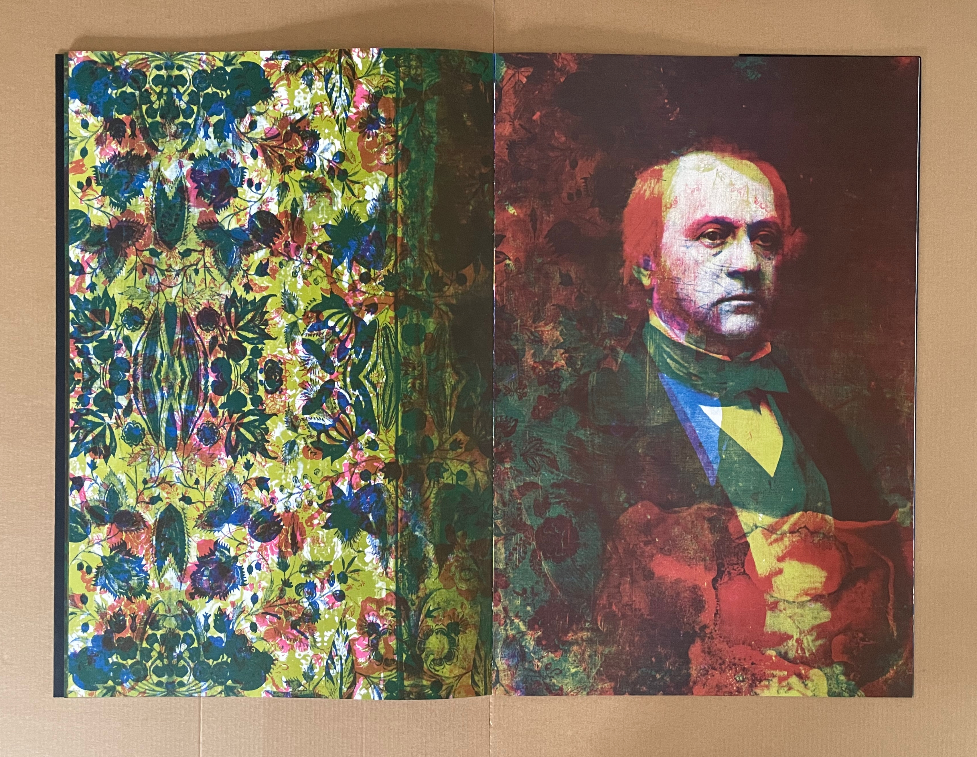 Artistic book cover featuring a colorful floral design on the left and a stylized portrait of a man on the right.