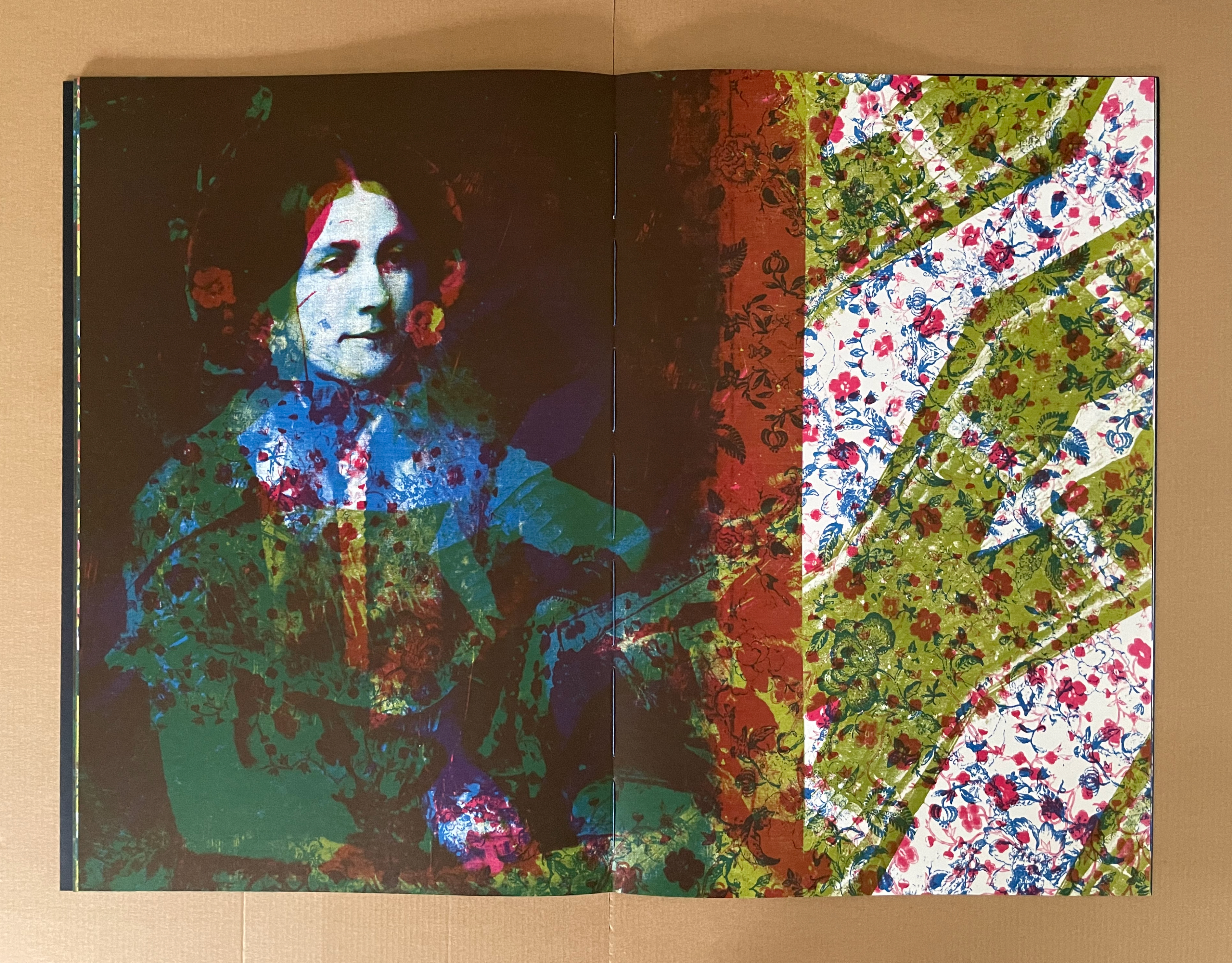 A digitally manipulated portrait of a woman in historical attire, surrounded by vibrant floral patterns and colors, combining art and textile design.