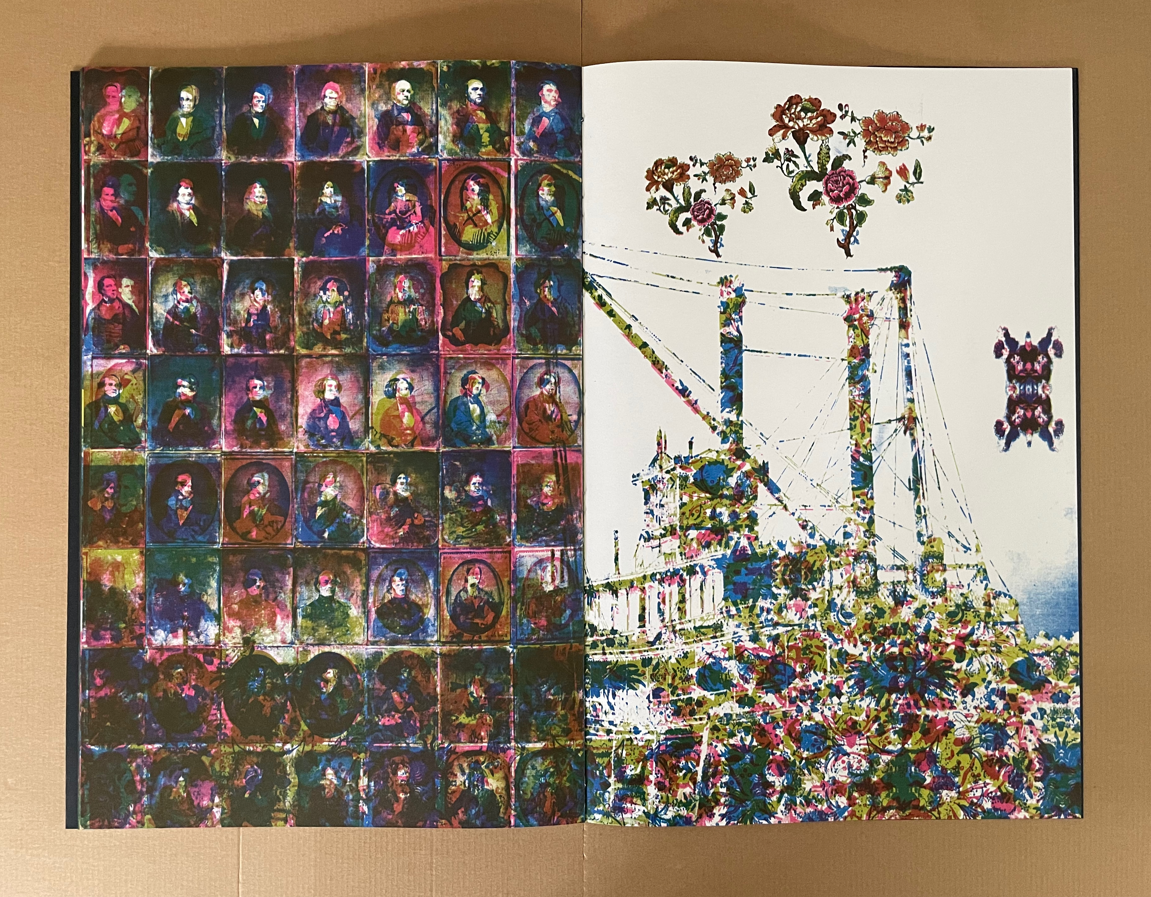 A colorful art piece featuring a grid of vintage-style portraits on the left side and a vibrant depiction of an industrial scene with floral elements on the right.