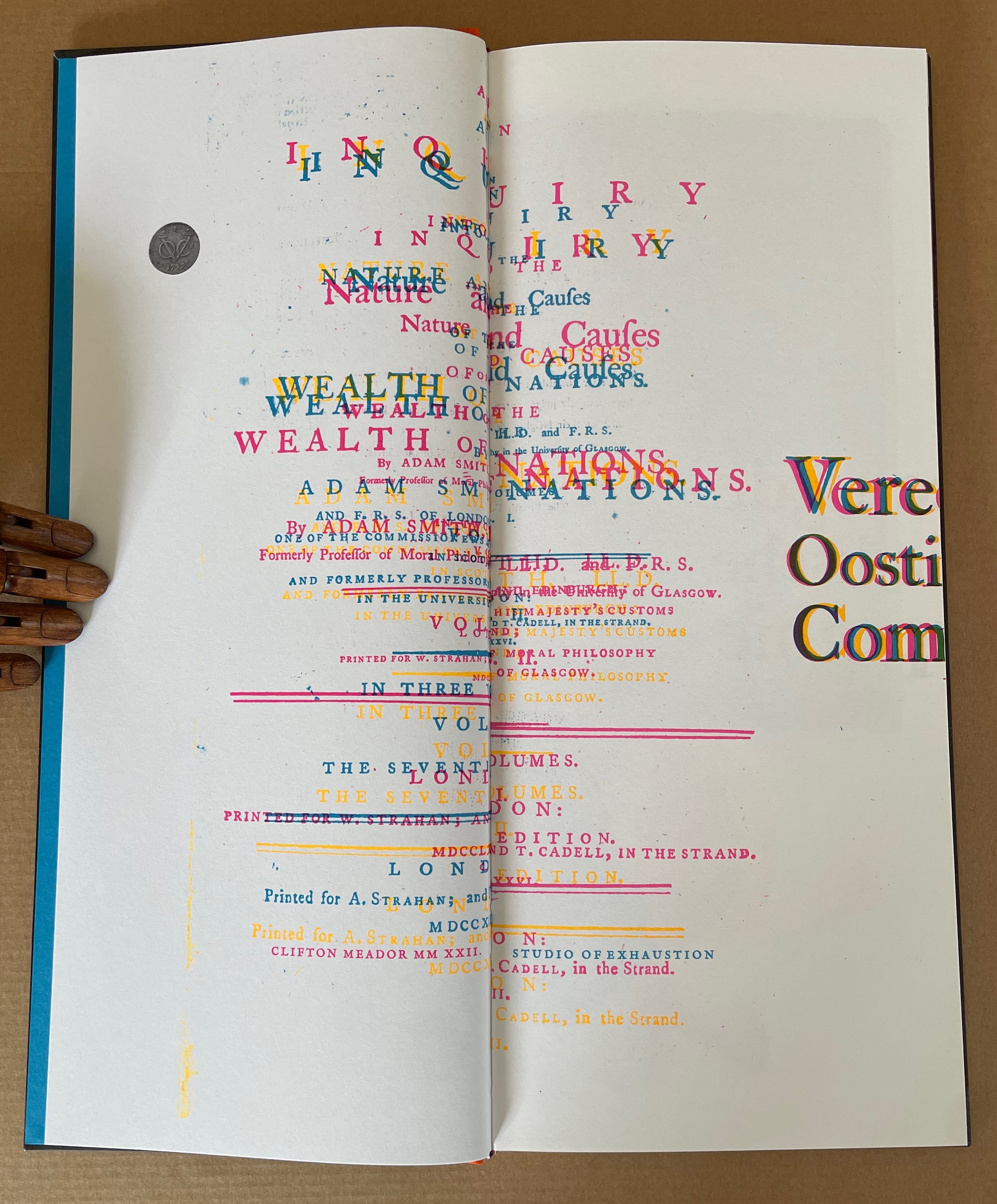 Open book page featuring colorful distorted text from 'The Wealth of Nations' by Adam Smith, printed in 1776. The page includes references to inquiry into nature and wealth.