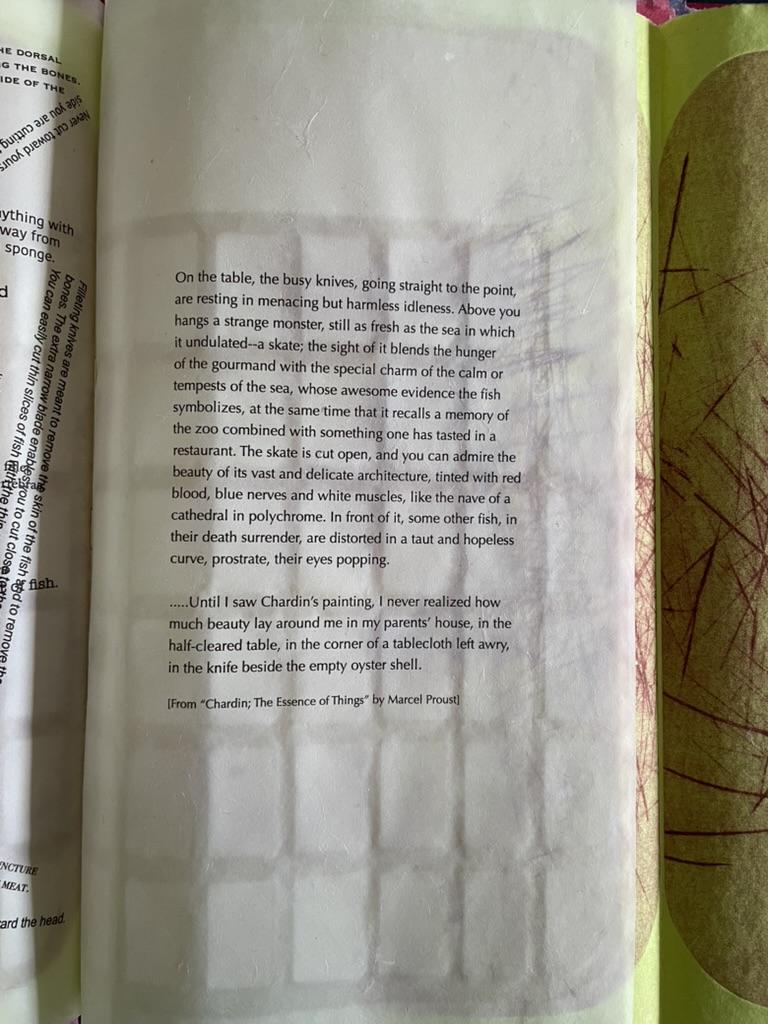 A close-up of a page from a book featuring a passage about culinary art and a description of fish on a table, highlighting elements like a skate and various fish, reflecting on beauty and memory.