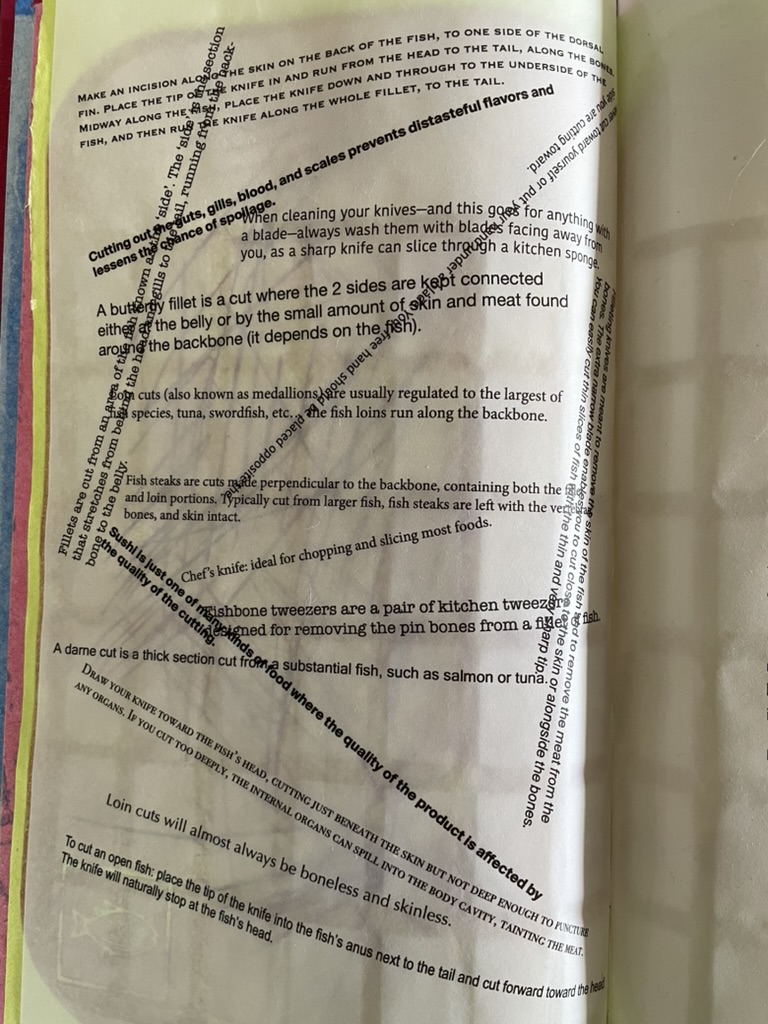 An open cookbook page detailing fish preparation techniques, including filleting, removing bones, and cutting methods.