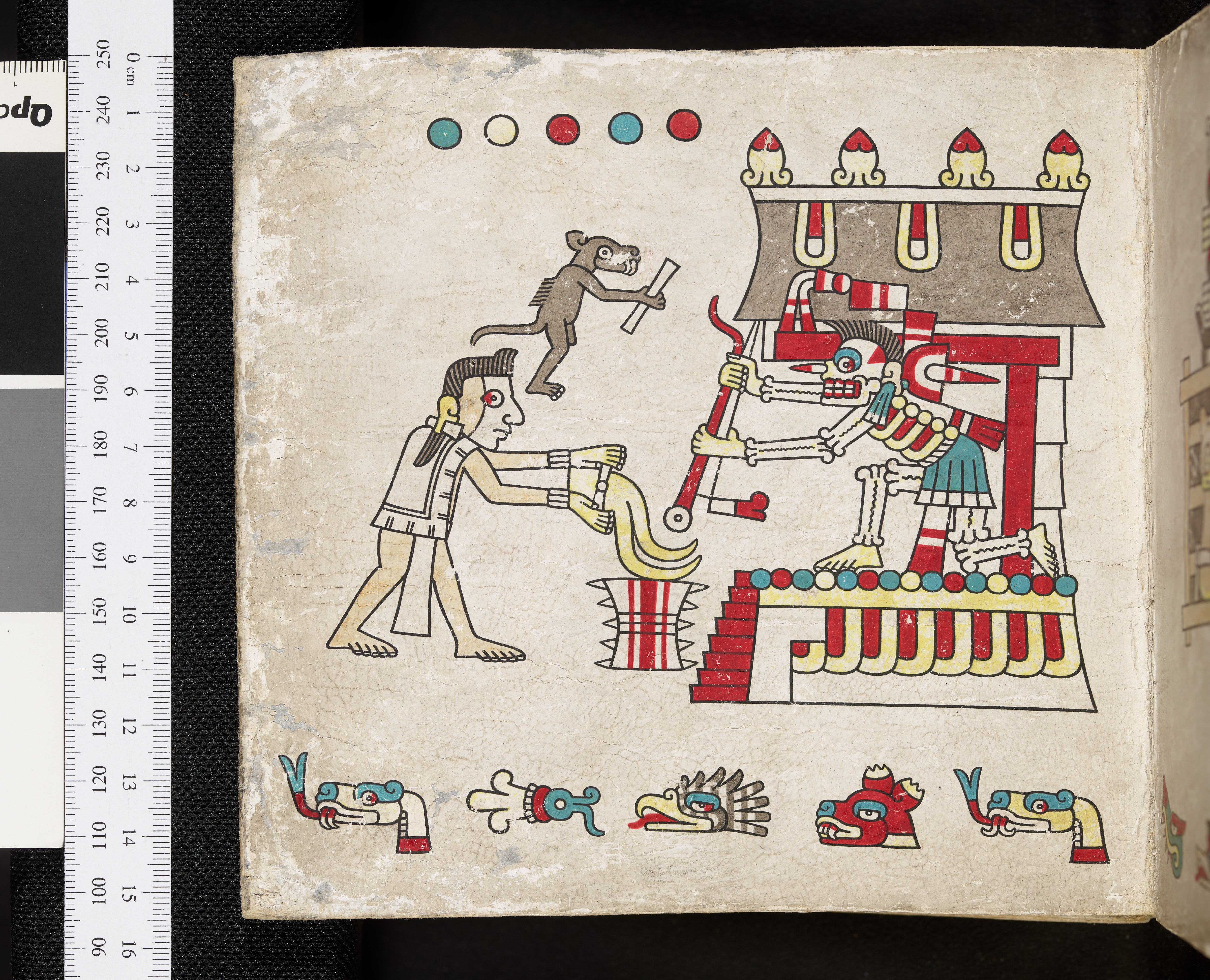 An ancient illustration depicting a ceremony, featuring a figure with a staff, a person in ceremonial attire, and a skeletal figure performing a ritual at a temple-like structure, along with various abstract symbols on the lower border.