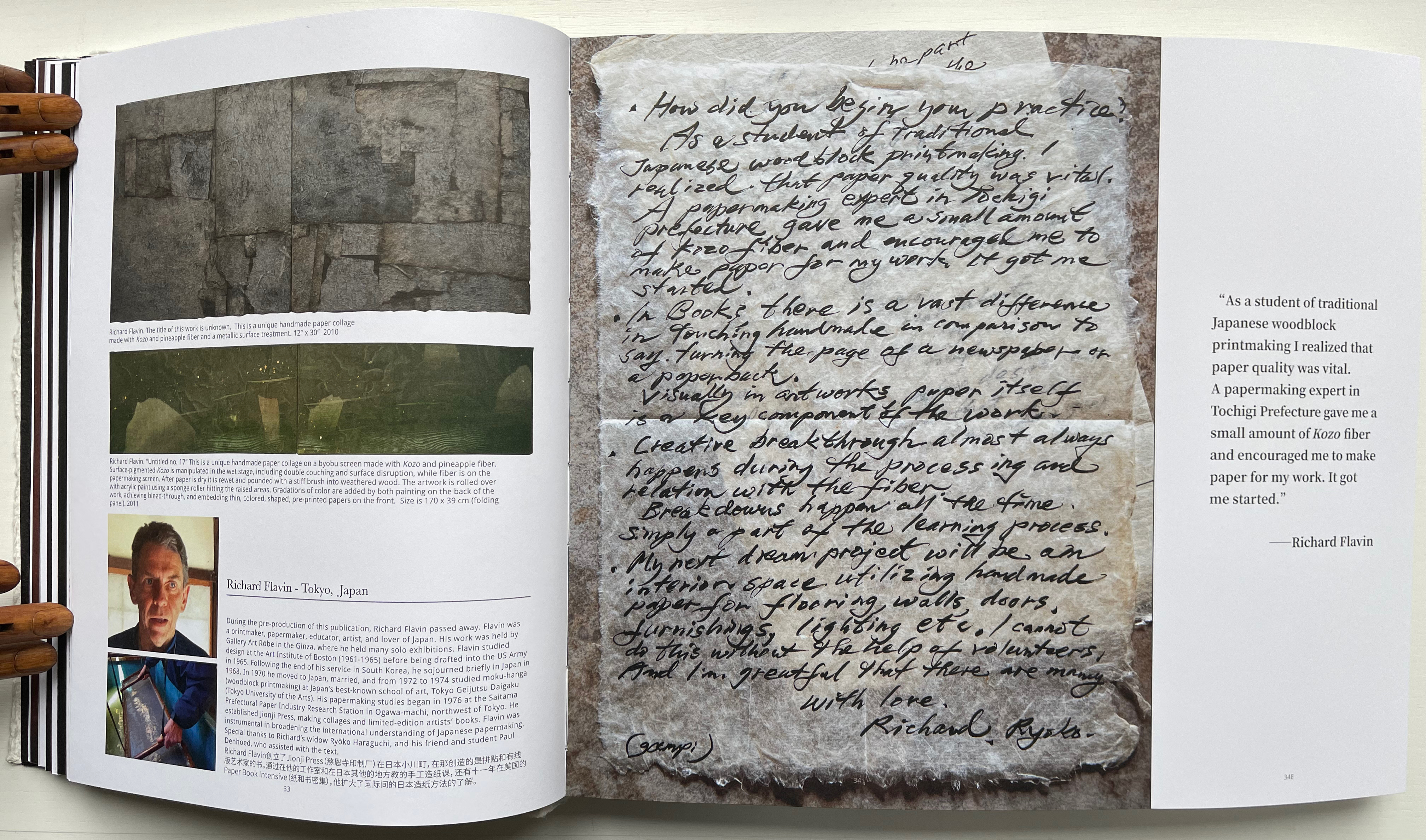 An open book featuring two pages: the left page displays an artistic collage made from handmade paper with textured elements, while the right page contains handwritten notes and a quote attributed to Richard Flavin about his experience with traditional Japanese woodblock printmaking and the importance of paper quality.