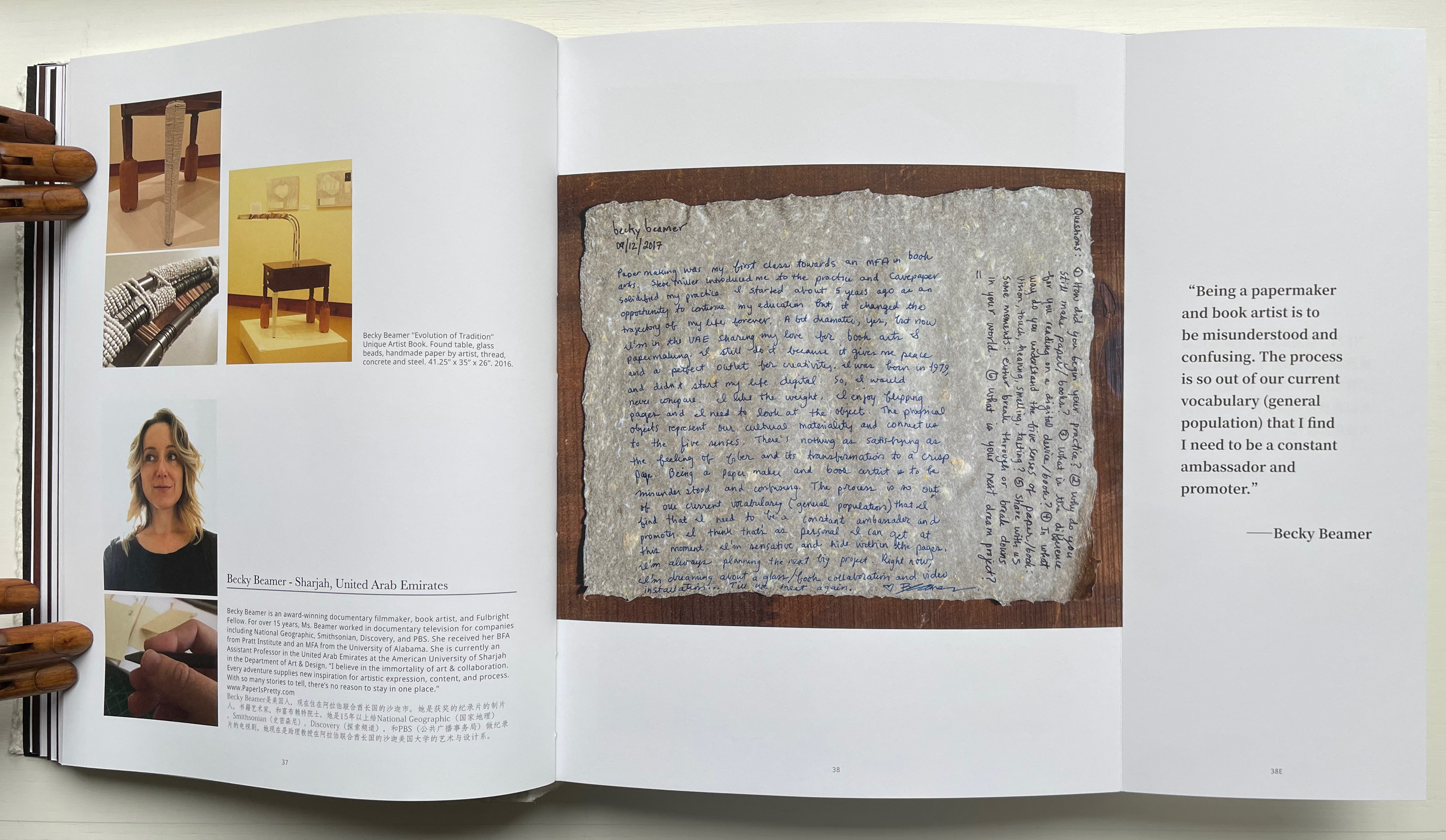 A page from a book featuring Becky Beamer's artist statement, accompanied by images of her unique artist book titled 'Evolution of Tradition', showcasing found materials like glass, beads, and handmade paper.